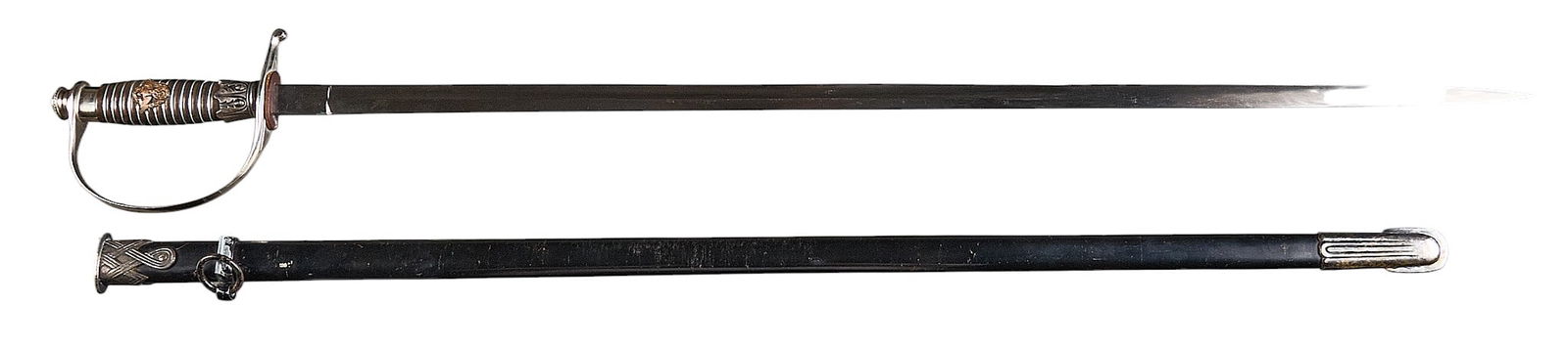 WWII German Police NCO Sword W/ Scabbard: Manufacturer: Alcosa-Solingen, GermanyModel: Police NCO swordBlade Length: 31.5 in.OAL: 37 in. (37.5 in. w/ scabbard)Condition: Good; blade has moderate wear from scabbard rubbing and s