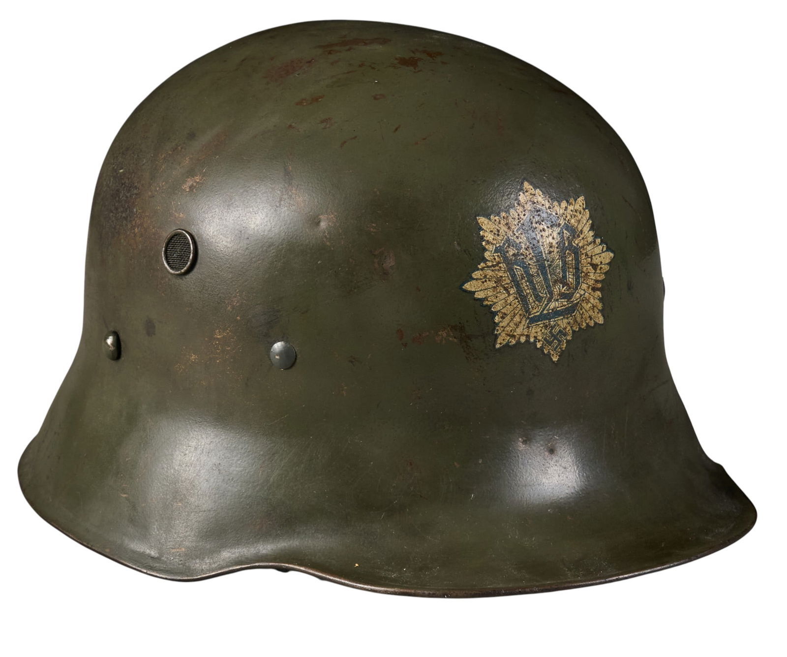 WWII German RLB M35 Modified Helmet: WWII German RLB modified helmetIncludes: -vent lugs have been modified & cut down-period liner and replacement chinstrap-M35 shellCondition: commensurate w/ ageProvenance: An Alamo Heigh