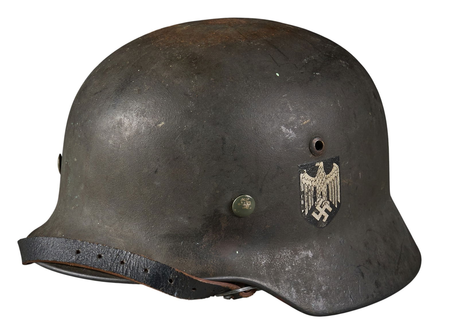 WWII German M35 Wehrmacht SD Helmet: WWII German M35 Wehrmacht single-decal helmetIncludes: marked "4803" and "Q64"-RBR number on Luftwaffe chinstrap-non-original rivets-period linerCondition: commensurate w/ age; mod
