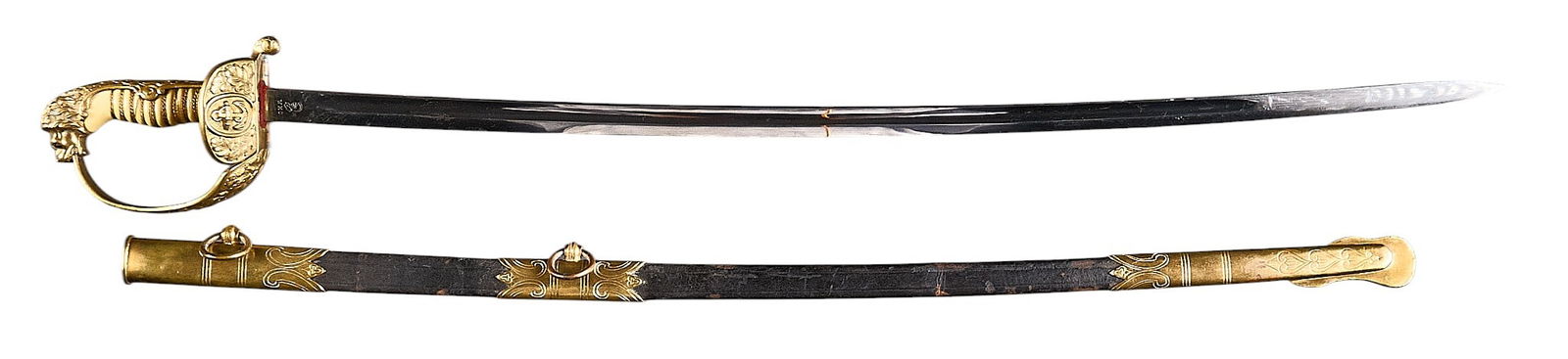 WWI Imperial German Kriegsmarine Officer's Sword W/ Scabbard: Manufacturer: WKC-Solingen, GermanyModel: Kriegsmarine Lions Head Officer's swordBlade Length: 29.25 in.OAL: 34.25 in. (34.75 in. w/ scabbard)Condition: Good; blade has moderate wear & scratch