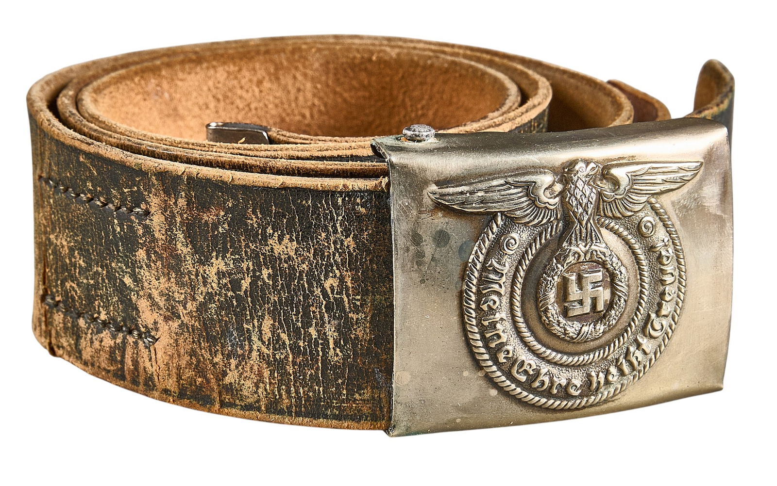 WWII German SS Enlisted Belt and Buckle: WWII German SS enlisted bet & buckleIncludes: -black leather belt marked "croupon"; dry & cracking-early nickel silverbuckle marked "O&C ges. gesch."Provenance: An