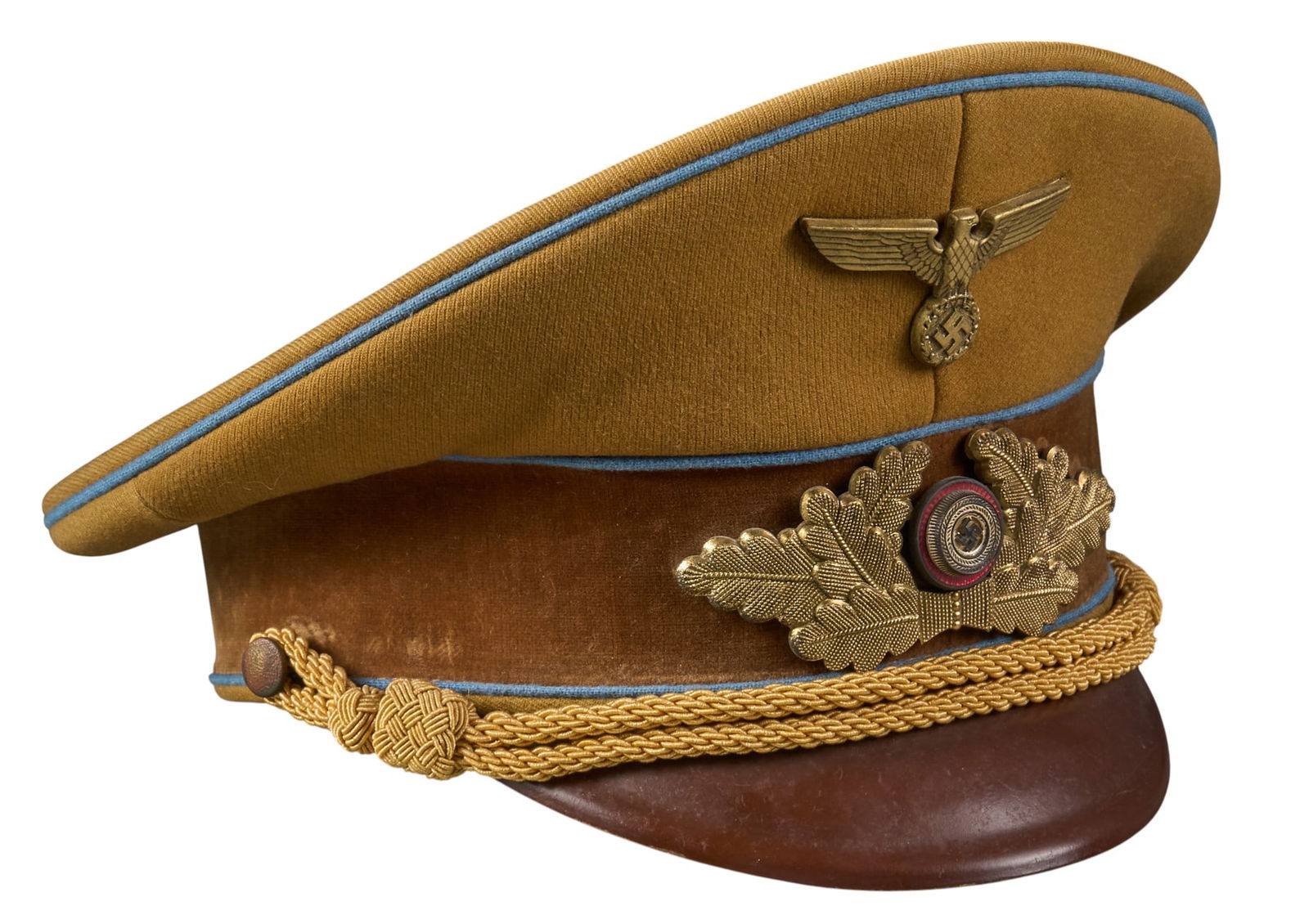 WWII German NSDAP Ortsgruppe Political Leader Visor Cap: WWII German NSDAP Ortsgruppe local group level political leader's visor capIncludes: hand initialed "A D"-questionable NSDAP eagle insignia pin and gold cord chinstrap-gilt oak leaf wrea
