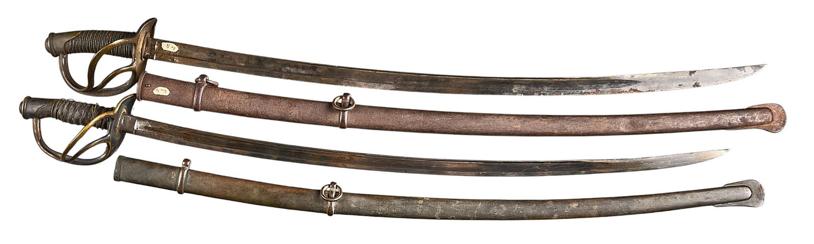 Pair of US Cavalry Sabers W/ Scabbards: Manufacturer: (1) unknown-faded markings; (2) Gebruder Weyersburg-GermanyModel: (1) M1860 Light Cavalry; (2) M1840 Heavy CavalryBlade Length: (1) 34.5 in.; (2) 36 in.OAL: (1) 42.5 in. w/ scabbard; (2)