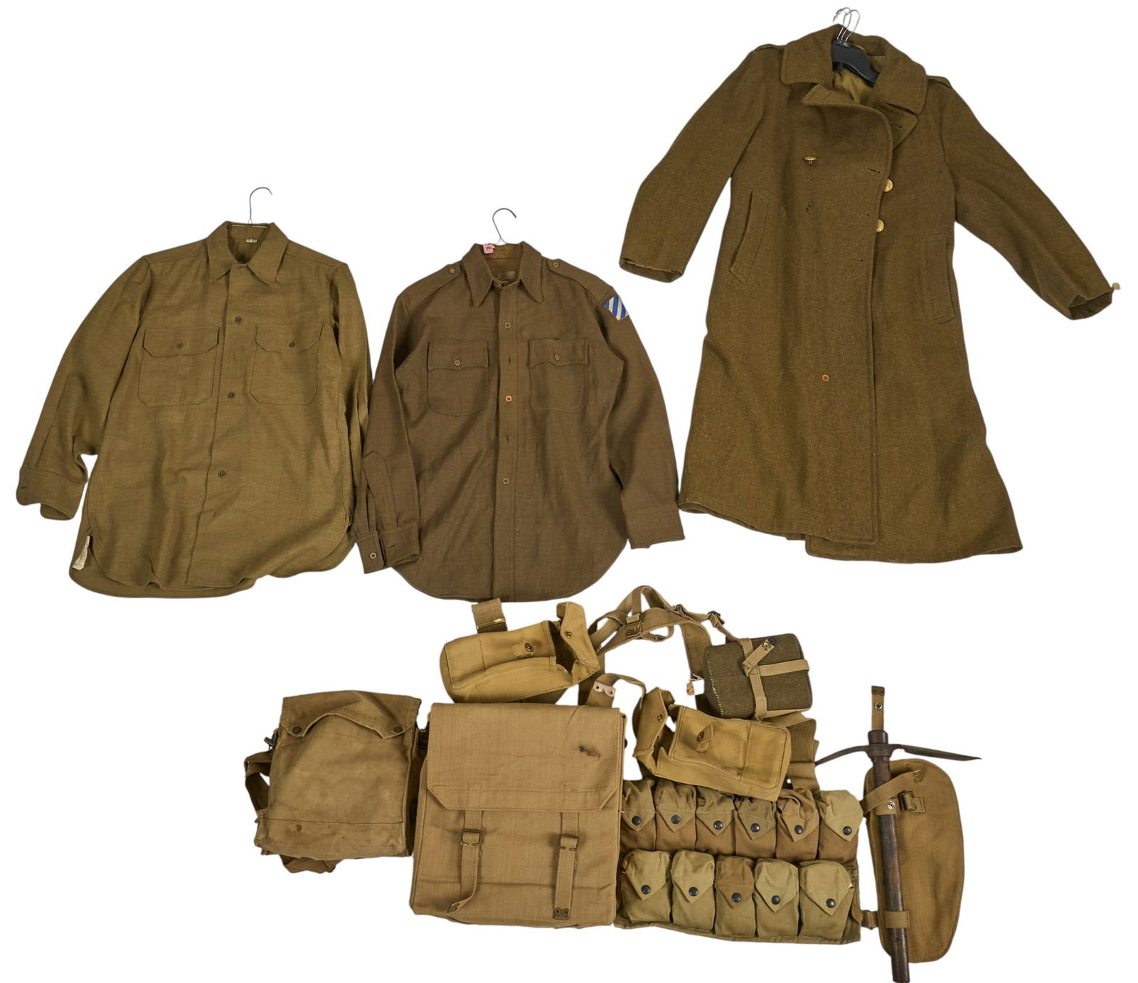 Collection of WWI-WWII Allied Forces Gear: Includes: -(3) WWII US Army 3rd Infantry Div. wool shirt made by Lauterstein's in San Antonio, Texas; US Army wool shirt made by Libovitz & Sons Inc. (no patches); US Army wool long