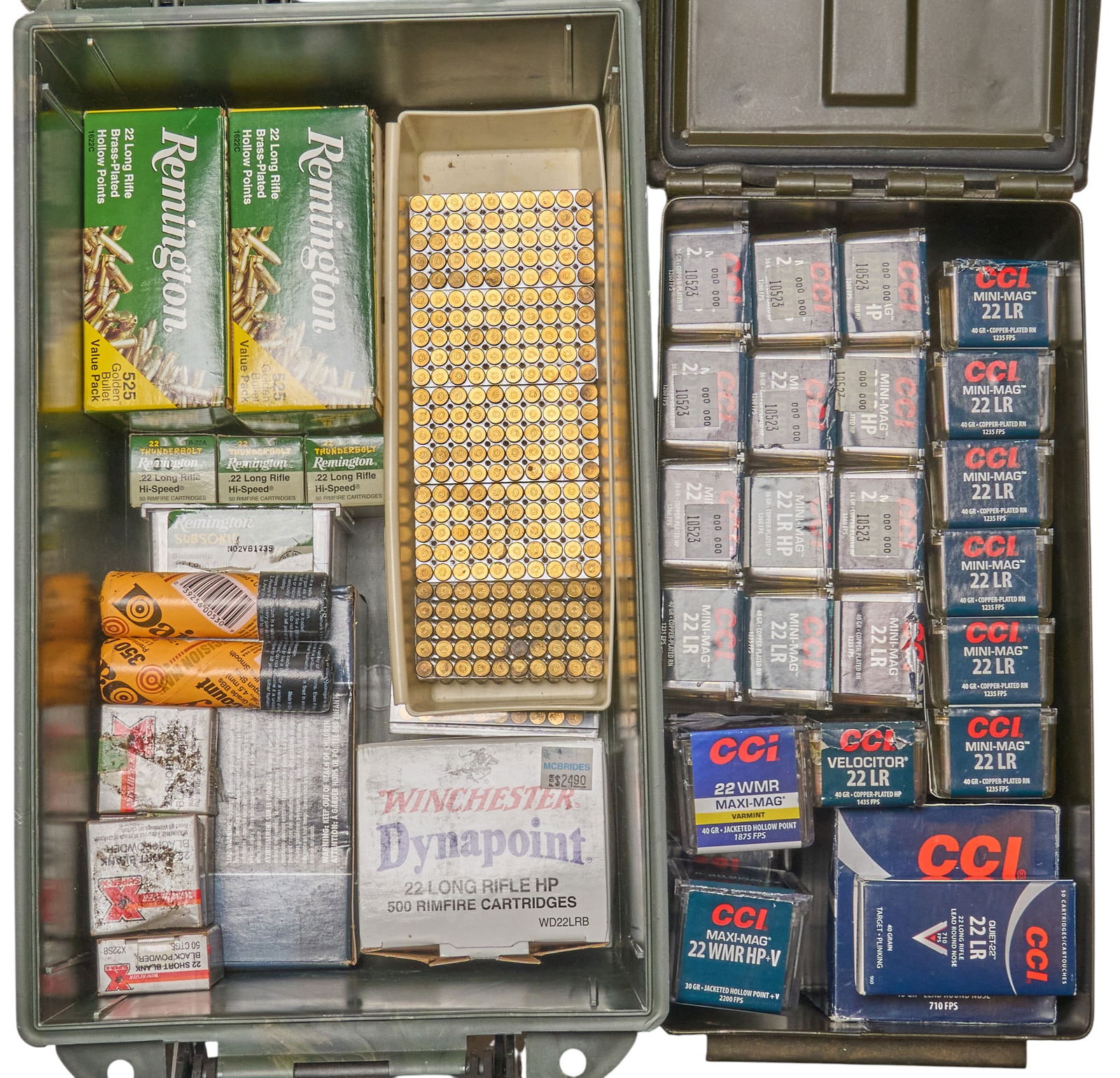 Approx. 4800 Rounds of Mixed 22 Ammunition: Includes: -800 rds of CCI Quiet-22 40gr. Lead RN-849 rds of CCI Mini-Mag 40gr. CP RN-865 rds of CCI Mini-Mag 36gr. CP HP-90 rds of CCI Velocitor 40gr. CP HP-130 rds of CCI Maxi-Mag 22 WMR 30