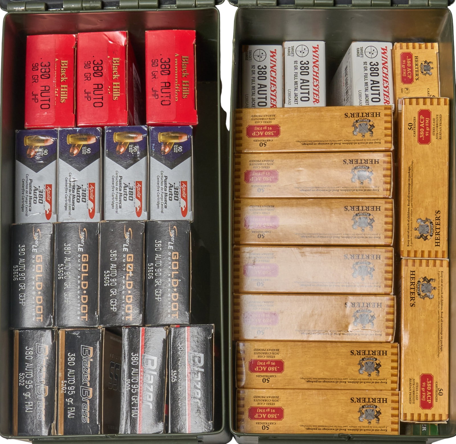 Approx. 1420 Rounds of Mixed 380 Auto Ammunition: Includes: mixed 380 Auto ammunition-60 rds of Winchester Supreme Elite PDX1 95gr. JHP Bonded-40 rds of G9 82gr. EHP-25 rds of Federal Premium 90gr. Hydra-Shok JHP-149 rds of Remington Golden Saber 102