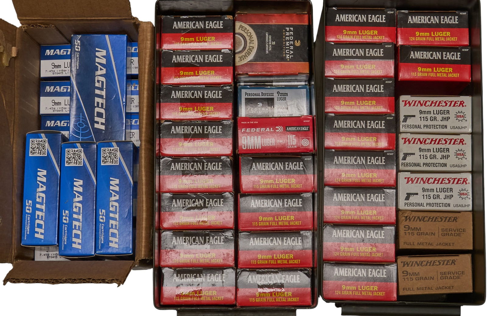 Approx. 2325 Rounds of Mixed 9mm Ammunition: Includes: mixed 9mm ammo-800 rds of Magtech 115gr. FMJ-650 rds of Federal American Eagle 115gr. FMJ-500 rds of Federal American Eagle 124gr. FMJ-36 rds of Federal Premium 124gr. Hydra-Shok JHP-91 rds