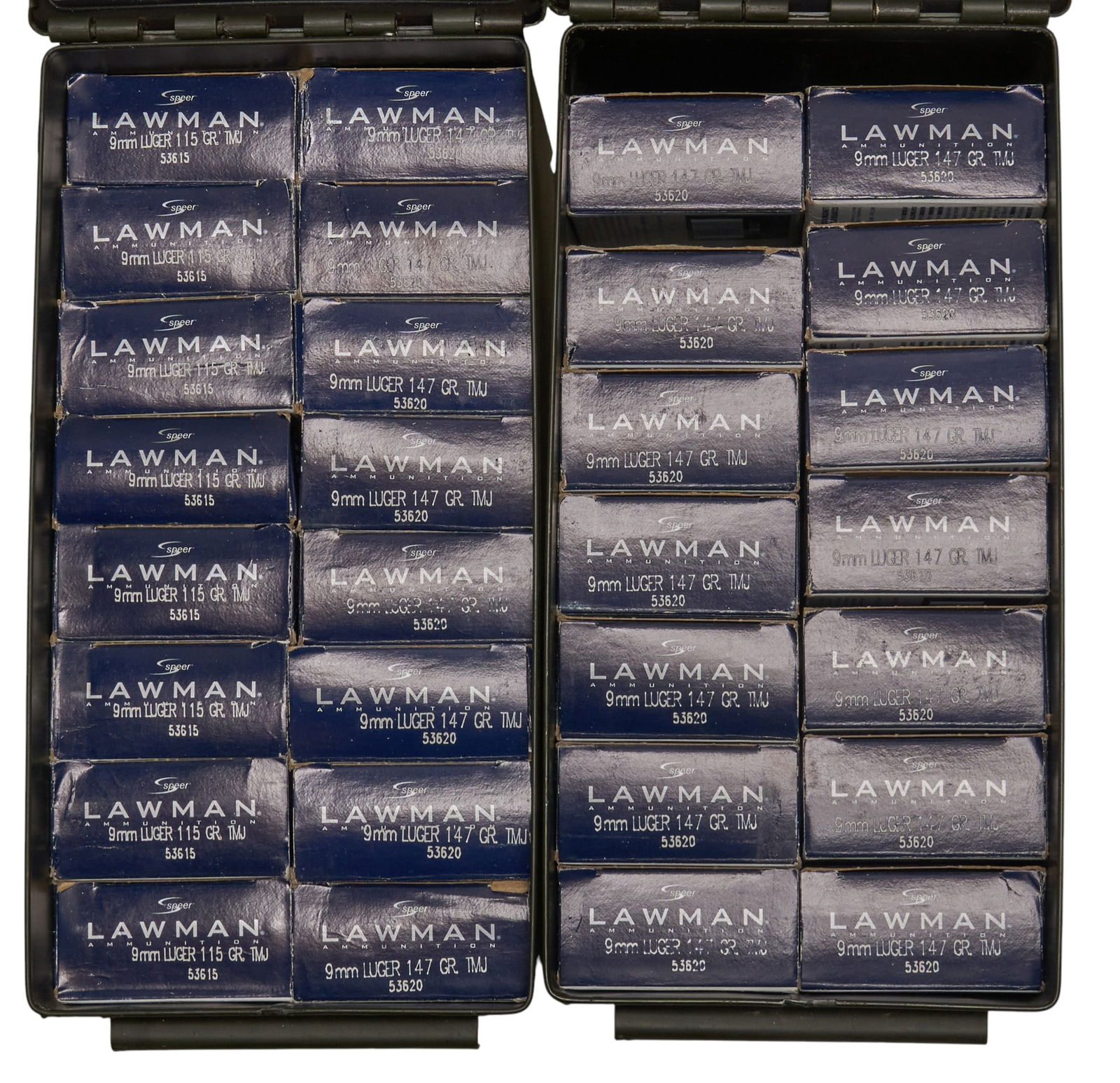 Approx. 1465 Rounds of Speer Lawman 9mm Ammunition: Includes:-365 rds of Speer Lawman 115gr. TMJ-1100 rds of Speer Lawman 147gr. TMJProvenance: A Lakeway, Texas collection