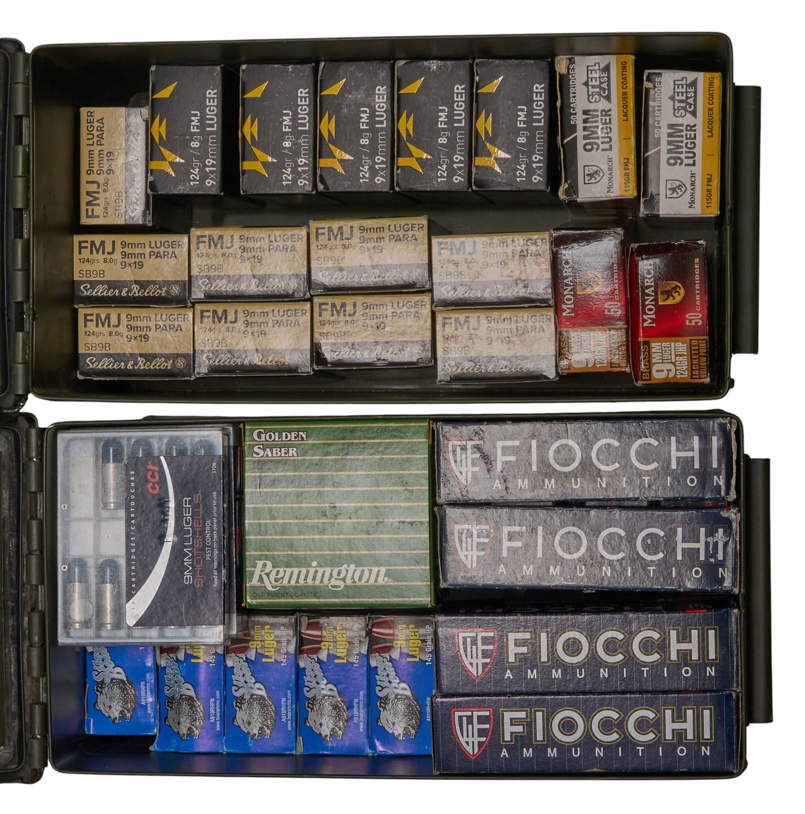 Approx. 1880 Rounds of Mixed 9mm Ammunition: Includes: Mixed 9mm-142 rds of TulAmmo 115gr. FMJ-450 rds of Silver Bear 145gr. HP-339 rds of Fiocchi 115gr. FMJ-100 rds of Monarch 124gr. JHP-50 rds of Remington Golden Saber 124gr. JHP-29 rds of CCI