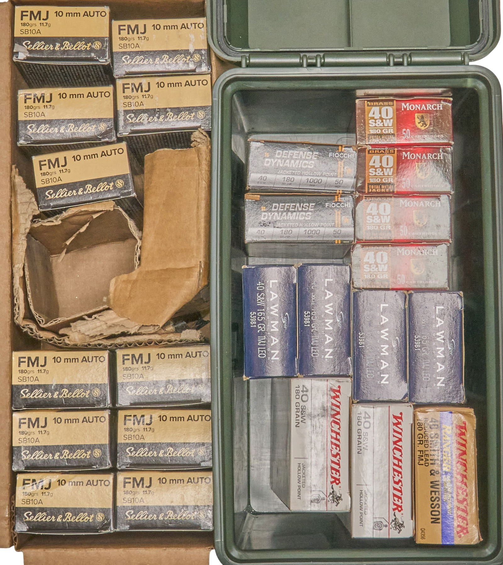 Approx. 1150 Rounds of Mixed 10mm and 40 S&W Ammunition: Includes: -550 rds of Sellier & Bellot 10mm Auto 180gr. FMJ-100 rds of Winchester 40 S&W 180gr. JHP-18 rds of Winchester LE Ranger 180gr. FMJ-200 rds of Speer Lawman 40 S&W 165gr. TMJ