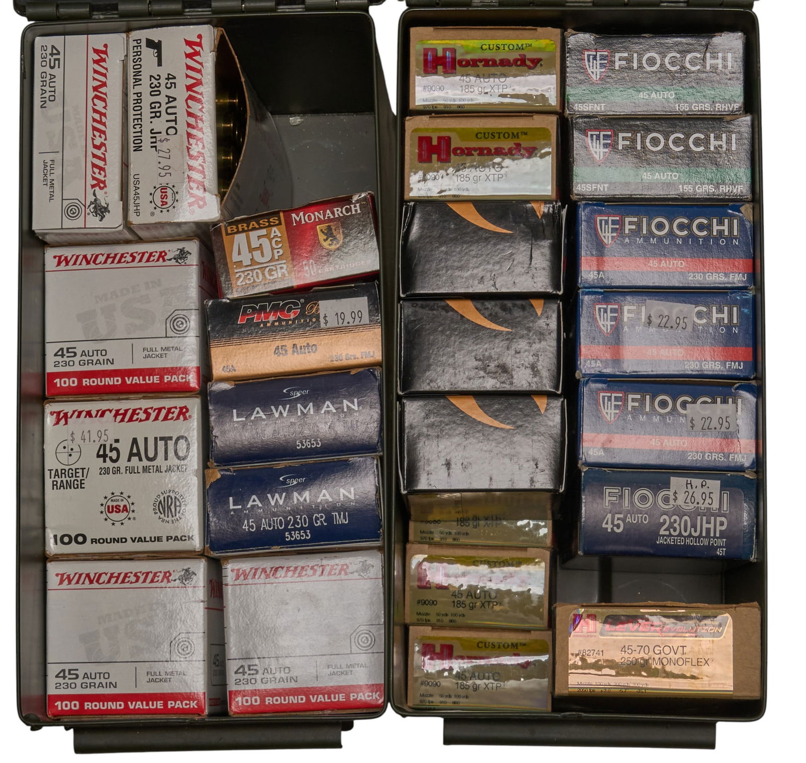 Approx. 1350 Rounds of Mixed 45 ACP Ammunition: Includes: Mixed 45 ACP-488 rds of Winchester 230gr. FMJ-77 rds of Speer Lawman 230gr. TMJ-50 rds of PMC Bronze 230gr. FMJ-50 rds of Monarch 230gr. TMJ-200 rds of Hornady 185gr. XTP-53 rds of G9 117gr.