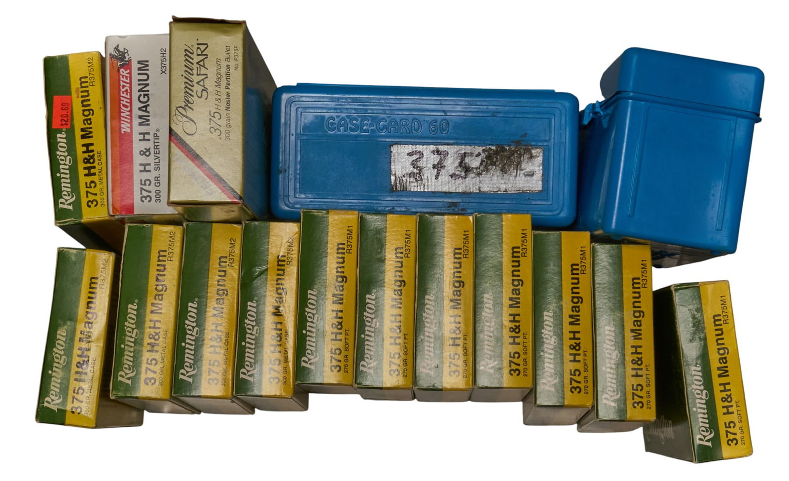 340 Rounds of Mixed 375 H&H Magnum Ammunition: Includes: mixed 375 H&H ammunition-3 rds of Federal Premium Safari 300gr. Nosler Partition (17 spent casings)-20 rds of Winchester Super X 300gr. Silvertip-140 rds of Remington 270gr. SP-100