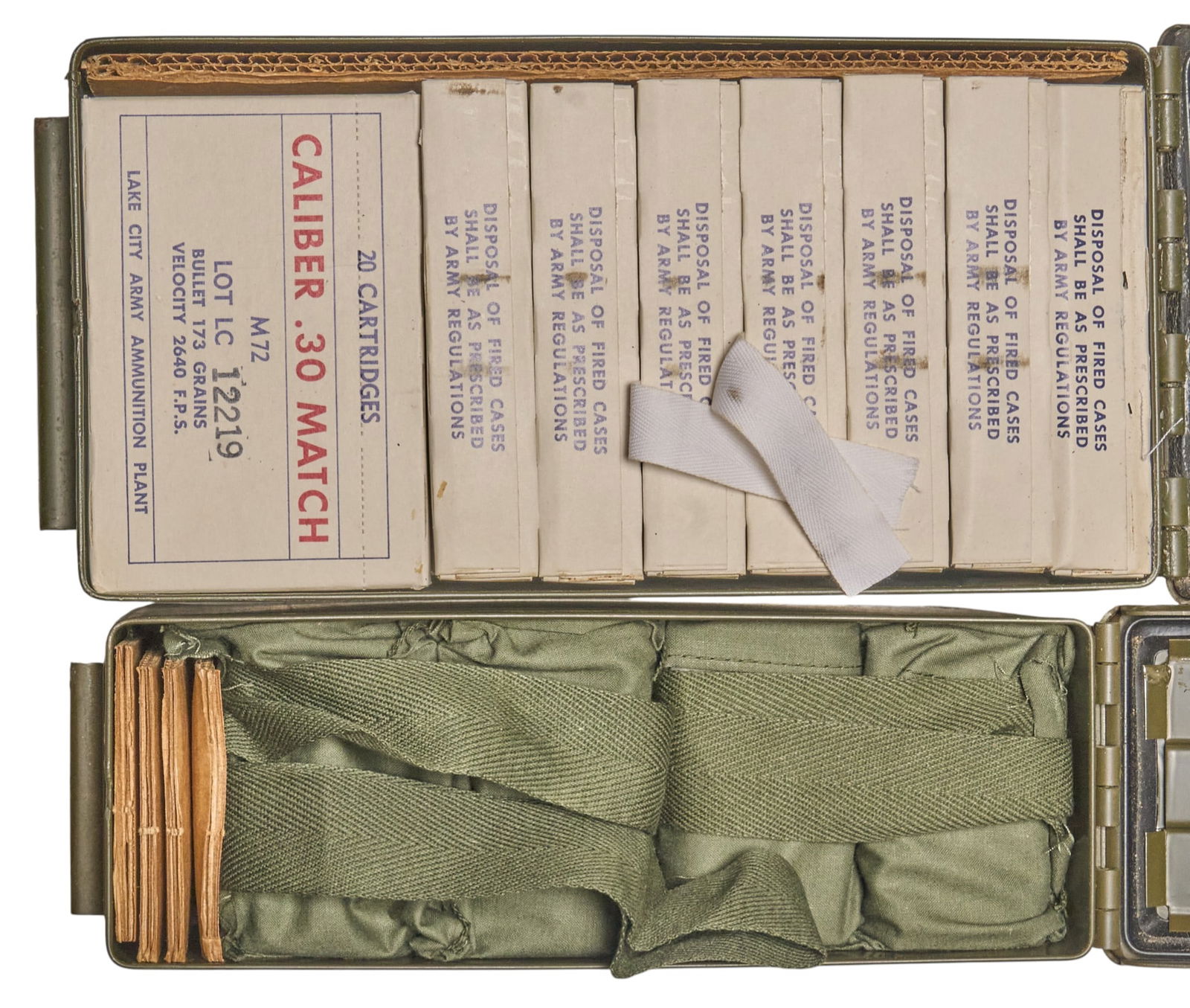 592 Rounds of Canned Surplus 30-06 Match M72 and M2 Ball Ammunition: Includes: 592 rounds of surplus 30-06 ammunition-192 rds of canned Lake City M2 Ball in 8-rd clips & bandoleers; LOT LC 42351-400 rds of canned Lake City M72 Match 173gr.; white box; LOT LC 1
