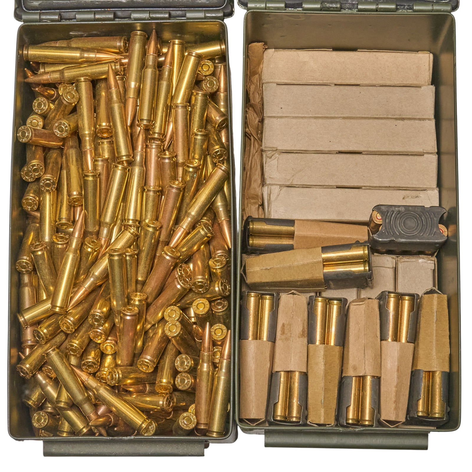 640 Rounds of 7.62x51 and 272 Rounds of 30-06 Ammunition: Includes:-approx. 640 rounds of loose FNB marked 7.62x51 FMJ-approx. 272 rounds of US 30-06 ammunition (200 rds in Civilian Marksmanship Program boxes) (72 rds in M1 clips)Provenance: An Austin,