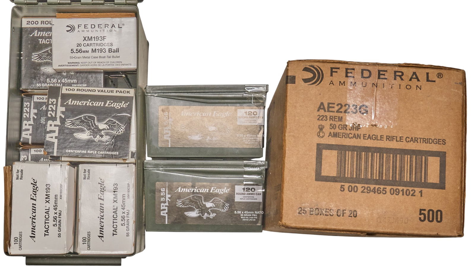 1750 Rounds of Mixed Federal American Eagle 223 Rem Ammunition: Includes: mixed Federal American Eagle 223 ammunition-500 rd case of American Eagle 50gr. JHP-880 rds of American Eagle 55gr. FMJ-approx. 350 rds of American Eagle XM193 55gr. FMJ-20 rds of American E