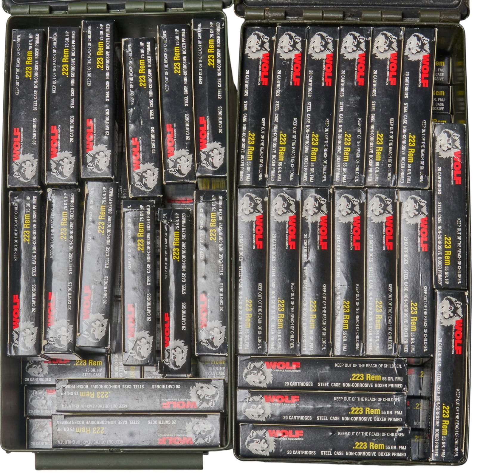 Approx. 1800 Rounds of Wolf 223 Rem FMJ & HP Ammunition: Includes: mixed Wolf 223 ammunition-880 rds of Wolf 75gr. HP steel case-934 rds of Wolf 55gr. FMJ steel case Provenance: A Lakeway, Texas collection