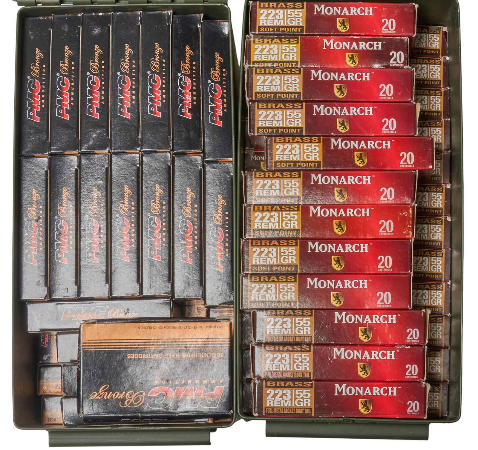 Approx. 1700 Rounds of PMC & Monarch 223 Rem Ammunition: Includes: 223 Rem ammo- approx. 920 rds of PMC Bronze 55gr. FMJ-BT- approx. 730 rds of Monarch 55gr. SP-60 rds of Monarch 55gr. FMJ-BT Provenance: A Lakeway, Texas collection