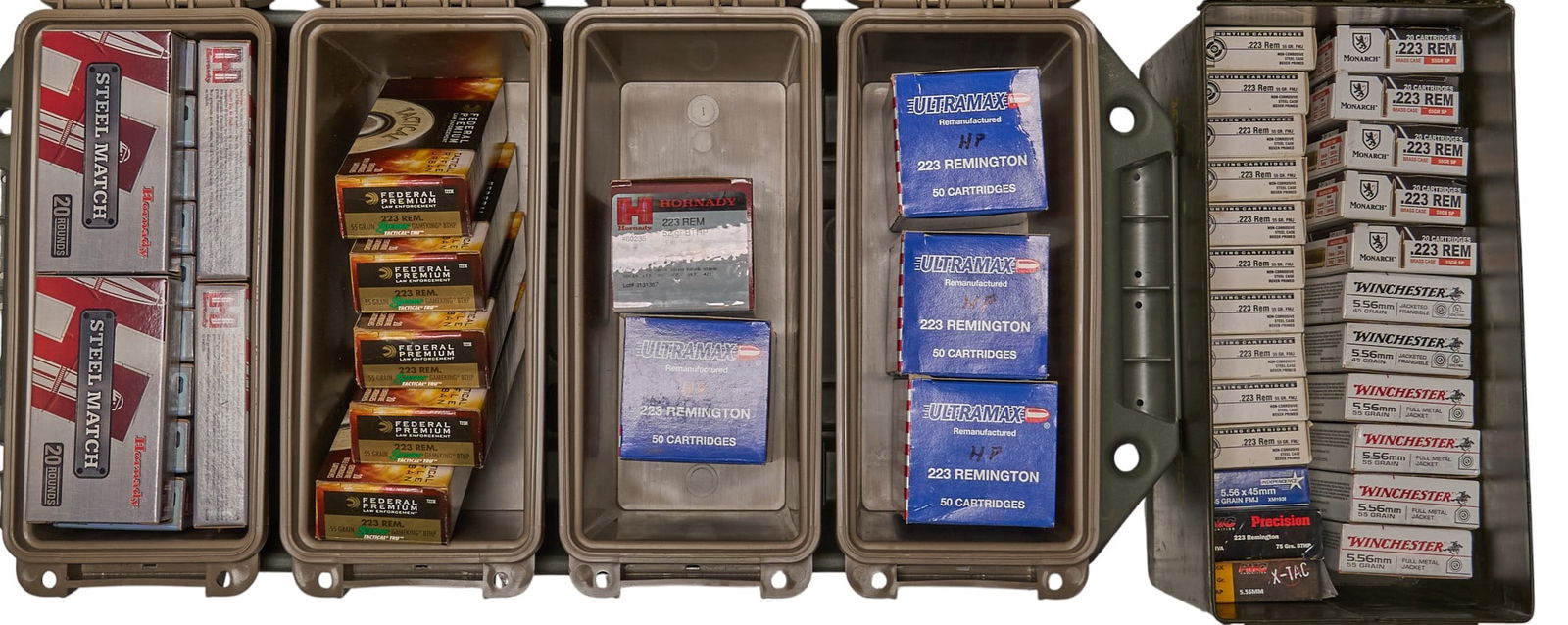 Approx. 1075 Rounds of Mixed 223 Rem Ammunition: Includes: mixed 223 ammunition-100 rds of Monarch 55gr. SP-69 rds of Winchester 55gr. FMJ and 40 rds of Winchester 45gr. Jacketed Frangible-200 rds of Russian 55gr. FMJ-200 rds of Ultramax remanufactu