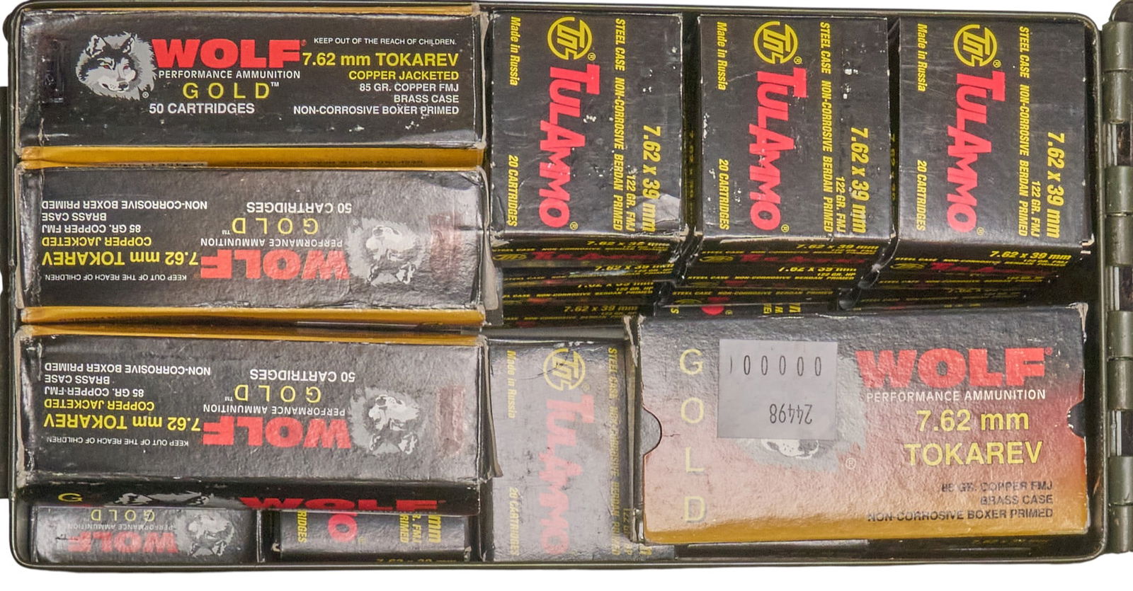Approx. 1900 Rounds of 7.62x39/7.62 Tokarev Ammunition: Includes:-440 rds of TulAmmo 7.62x39 122gr. HP-100 rds of TulAmmo 7.62x39 122gr. FMJ-400 rds of Wolf Gold 7.62 Tokarev 85gr. JHP-960 rds of Wolf 7.62x39 145gr. SPProvenance: A Lakeway, Texas collectio