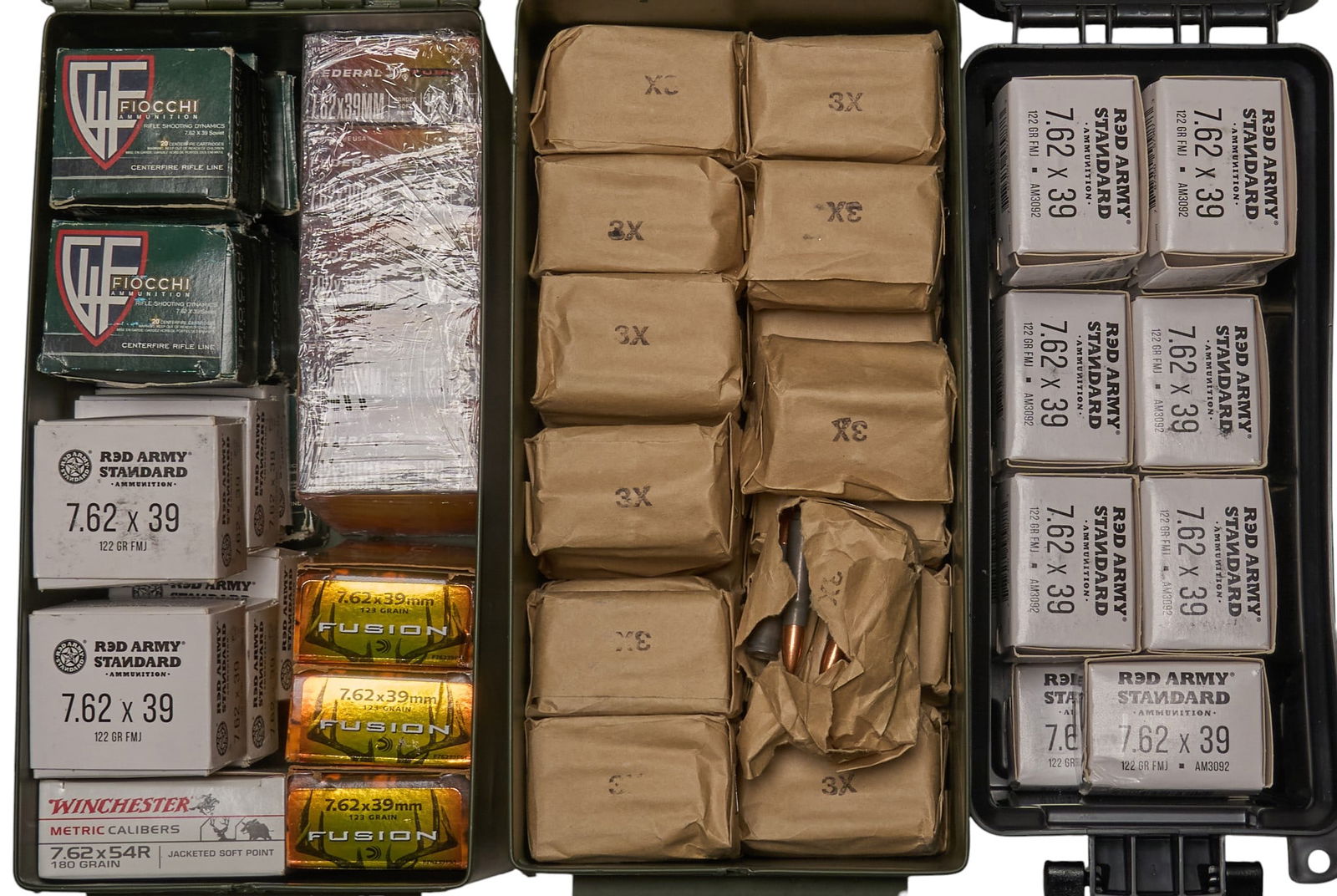 Approx. 1480 Rounds of Mixed 7.62x39/7.62x54R Ammunition: Includes:-460 rds of Red Army Standard 7.62x39 122gr. FMJ-160 rds of Federal Fusion 7.62x39 123gr. BT-180 rds of Fiocchi 7.62x39 124gr. FMJ-20 rds of Winchester 7.62x54R 180gr. JSP-660 rds of 7.62x39