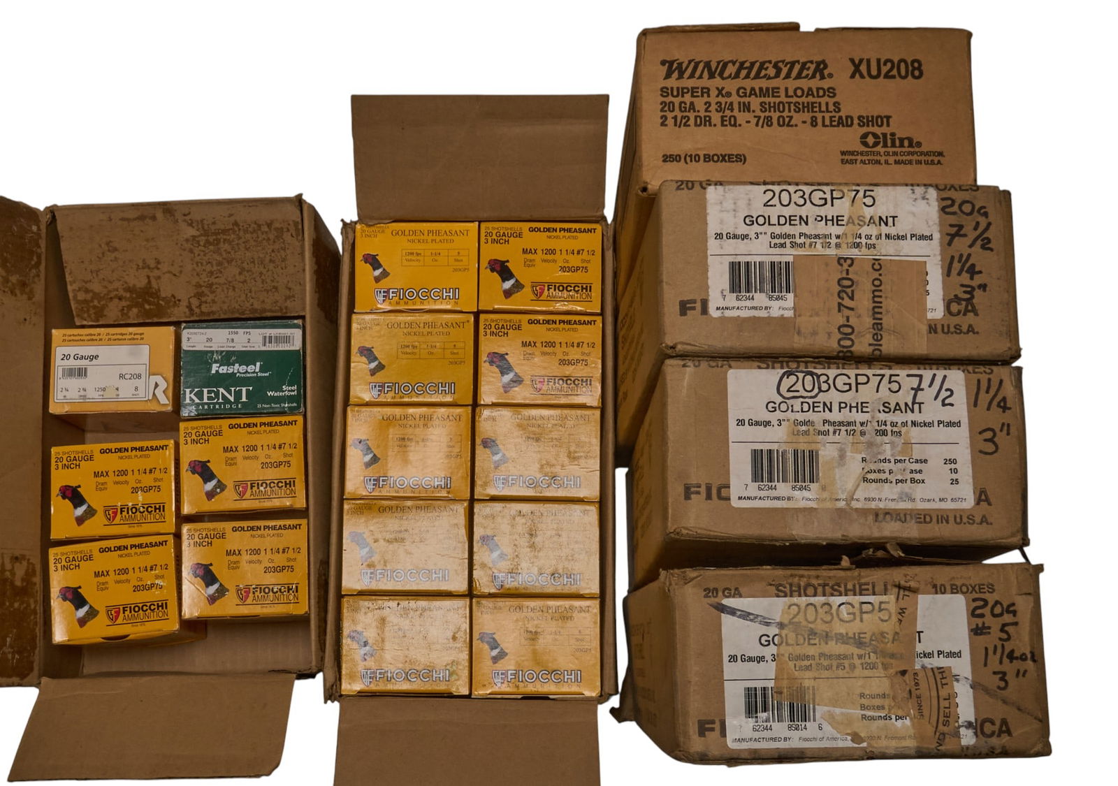 Approximately 1390 Mixed 20 Gauge Shotshells: Includes: 20 Gauge shotshells-1095 shotshells of Fiocchi Golden Pheasant 3 in. #7.5 shot-250 shotshells of Winchester Super X 2.75 in. #8 shot-24 shotshells of Kent Fasteel 3 in. #2 shot-25 shots