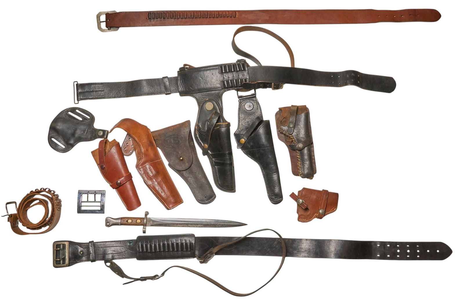 Collection of Holsters, Belts, and a Bayonet: Includes: -British M1888 bayonet-2 x black leather belt holsters w/ bullet loops-US leather 1911 holster; poor condition-3 x brown leather holsters-2 x brown leather bullet loop belts-black leath