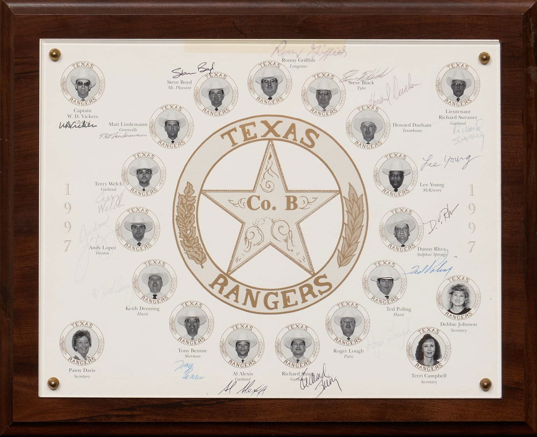 Texas Rangers Co. B, Signed Plaque: Commemorative plaque of Texas Rangers Company B, 1997, notably including Lee Roy Young, Jr. (the first Black Seminole Texas Ranger)sight: 8.5 x 11 in., frame: 10.5 x 13 in.Provenance: Property from a