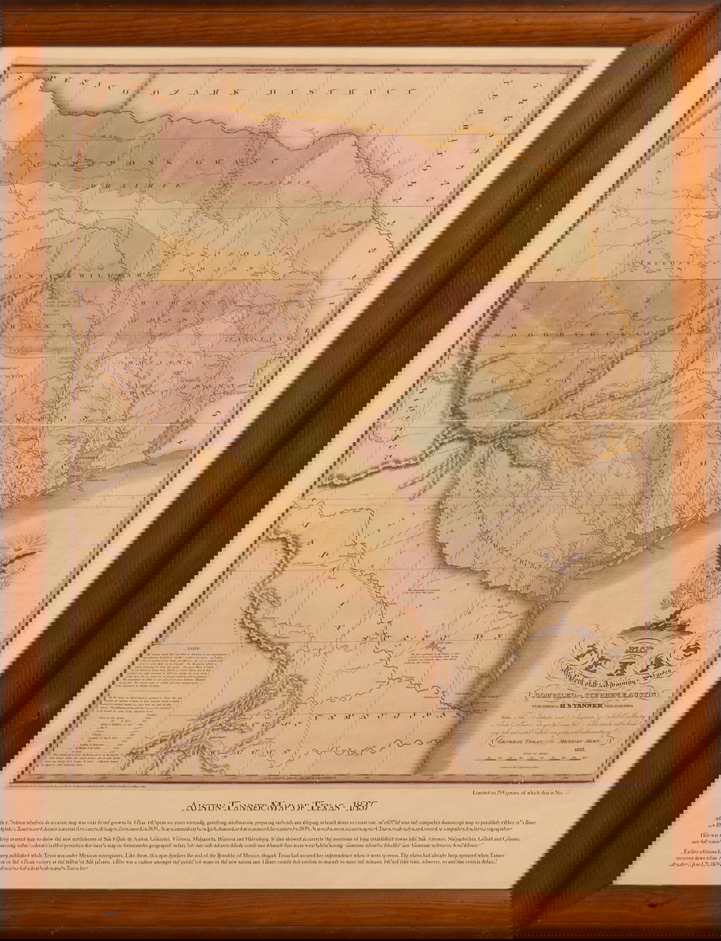 Limited Edition Map of Texas, 2/254: Vintage framed map of 1837 Texas with Parts of Adjoining States, originally produced by H.S. Tanner, marked No.2 of a limited run of 254 copiesheight 32 in. x width 25 in. Provenance: Property