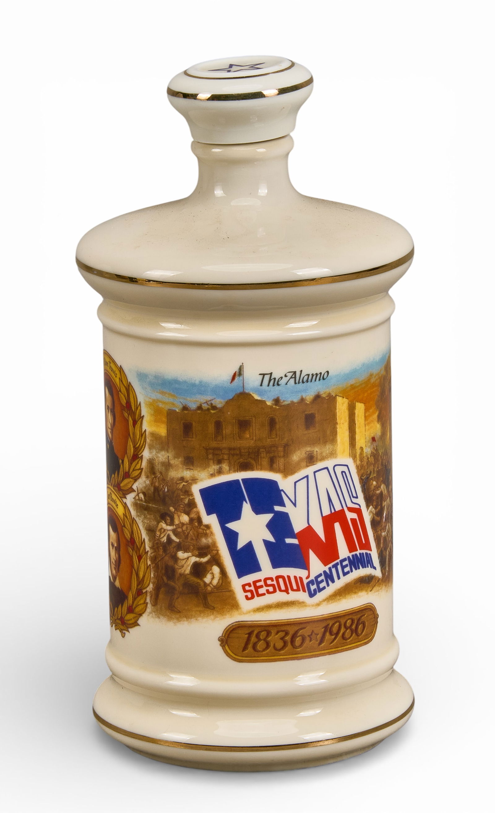 W.L. Weller Texas Sesquicentennial Commemorative Decanter: W.L. Weller Texas Sesquicentennial (1986) commemorative decanter, with images of the Alamo and portraits of Davy Crockett, William Travis, and James Bonham, marked with sticker on