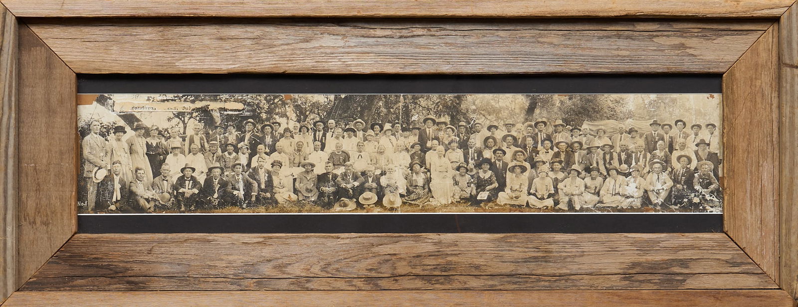 1924 Bandera Settlers Group Photograph: "Group of Old Settlers at the First Reunion Held at Bandera, July 4th, 1924", vintage photograph by N. H. Rose; lot accompanied by photocopy showing its original state including all the
