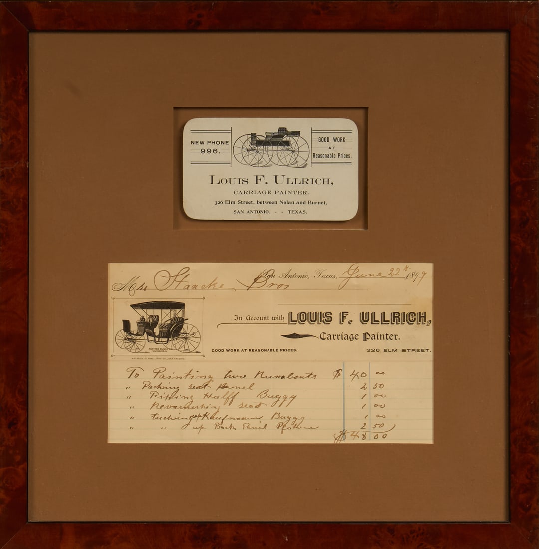 Louis F. Ullrich Framed Ephemera: Framed business card and invoice related to Louis F. Ullrich, a carriage painter in San Antonio, Texas, invoice dated June 22, 1899height 14 in. x width 13.5 in. x depth 1 in.Provenance: Property