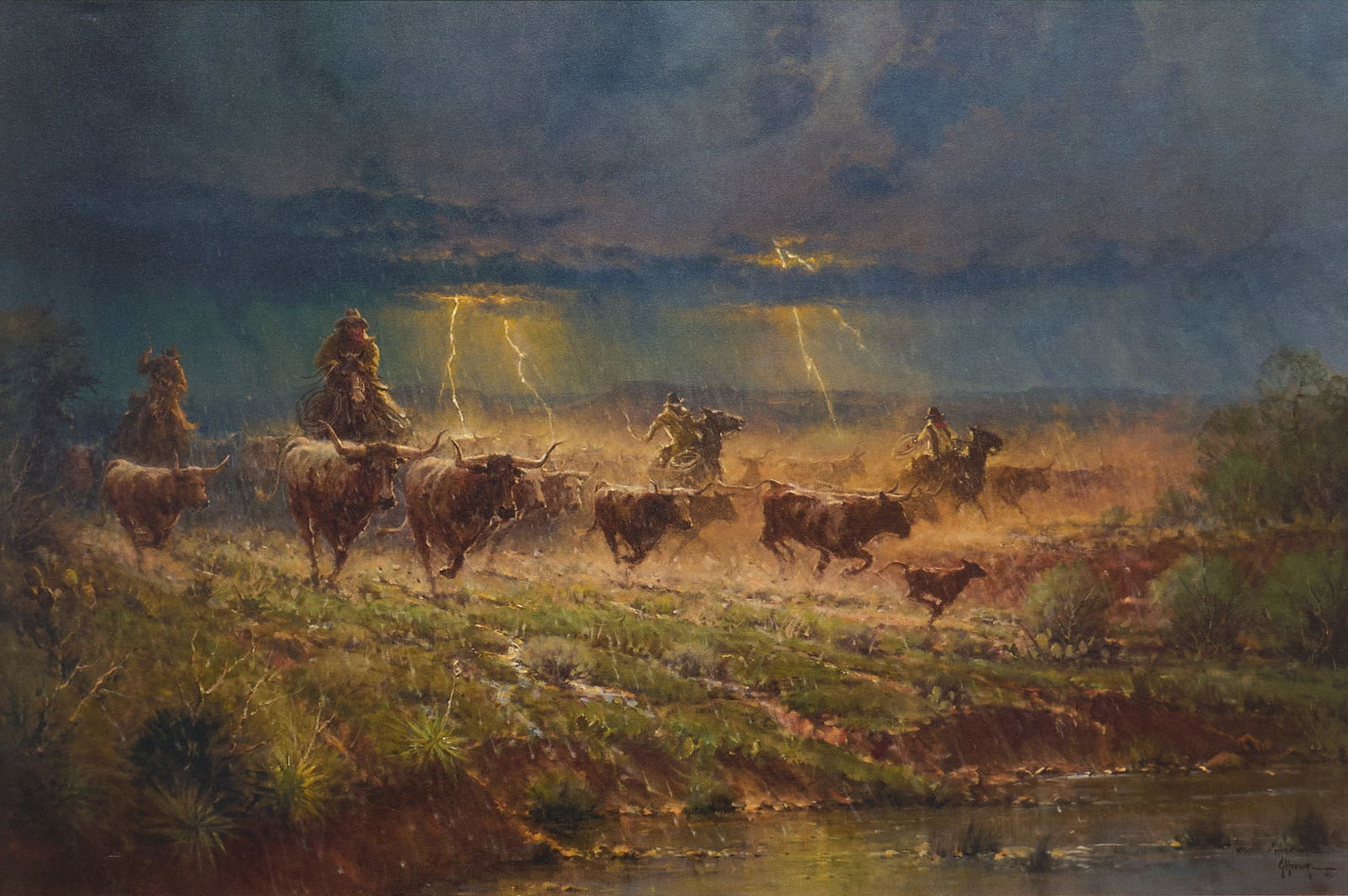 G. Harvey, "Rawhide & Thunder": G. Harvey (Gerald Harvey Jones, Texas, 1933-2017), "Rawhide & Thunder", limited edition giclee print on canvas, signed and numbered lower right, ed. 867/950, includes