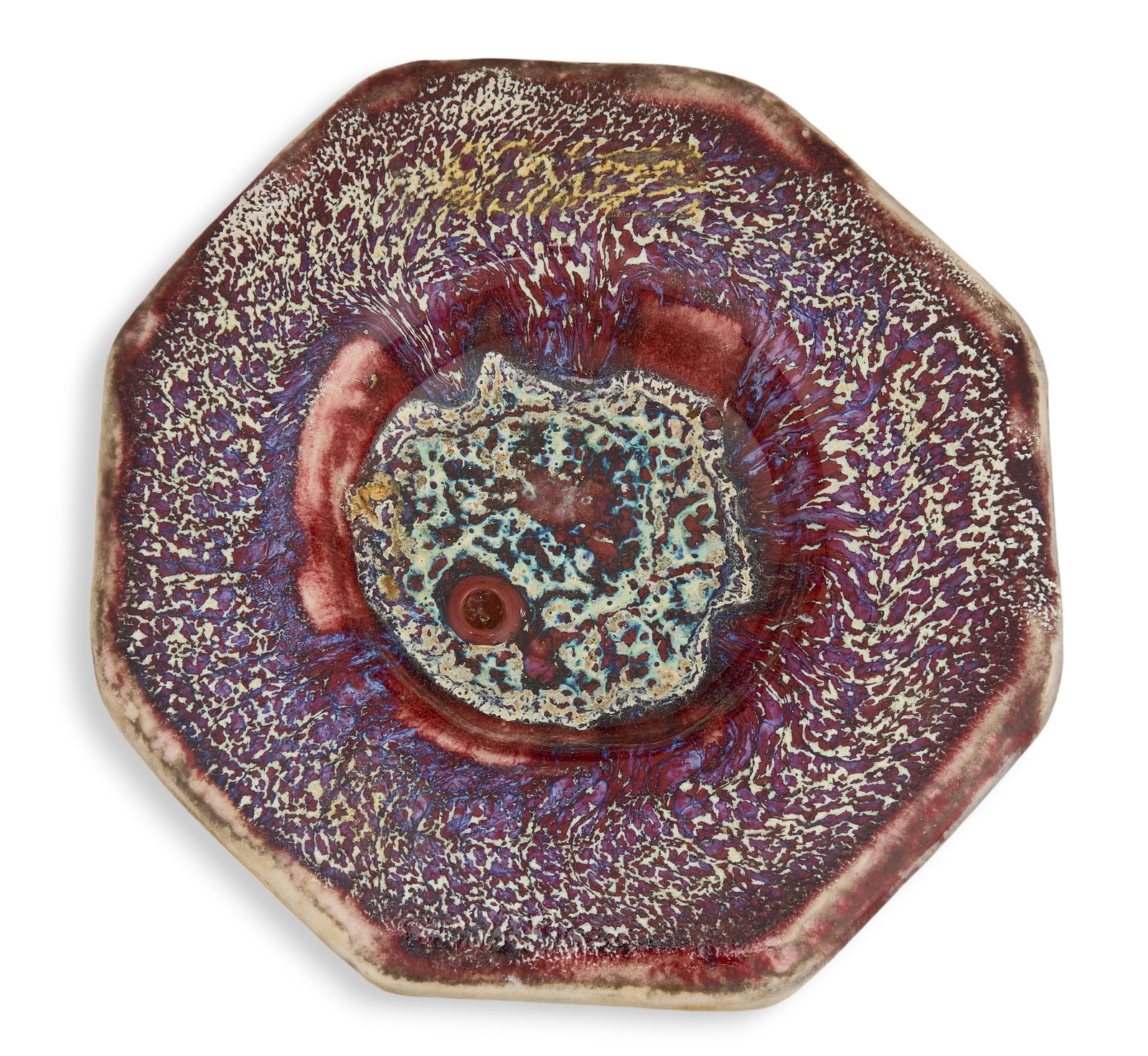 Harding Black, Purple Ashtray, 1985: Harding Black (San Antonio, Texas, 1912-2004), purple and oxblood glazed ceramic bowl, incised signature and date on the underside, 1985height 1.5 in. x 6 in. diameterProvenance: Property