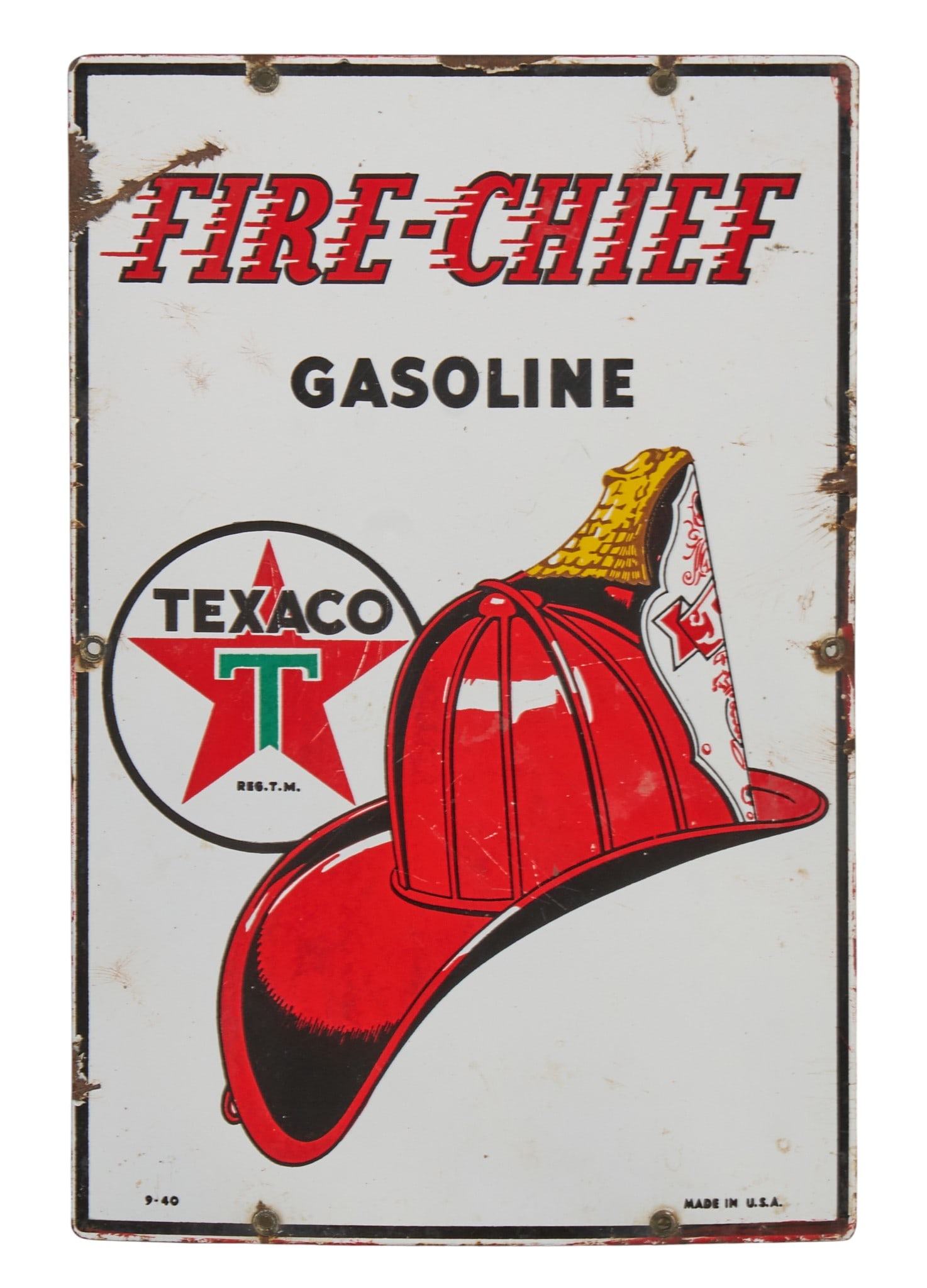 Texaco Fire Chief Sign, 1940s: Texaco Sky Chief sign, single-sided porcelain on metal, circa April 1940height 19 in. x width 12 in. Provenance: Property from a home in Azle, Texas 