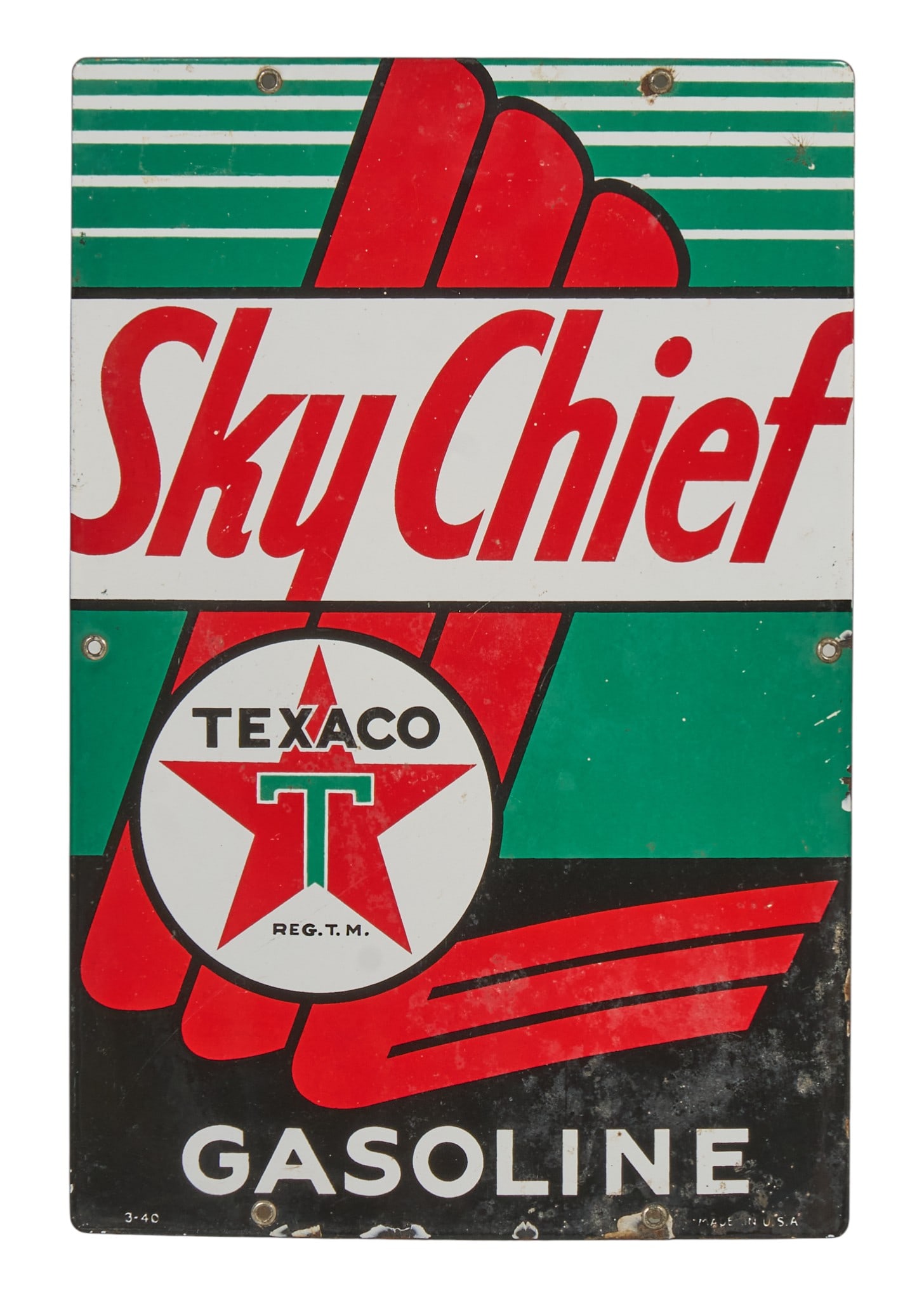 Texaco Sky Chief Sign, 1940s: Texaco Sky Chief sign, single-sided porcelain on metal, circa 1940sheight 18 in. x width 12 in. Provenance: Property from a home in Azle, Texas