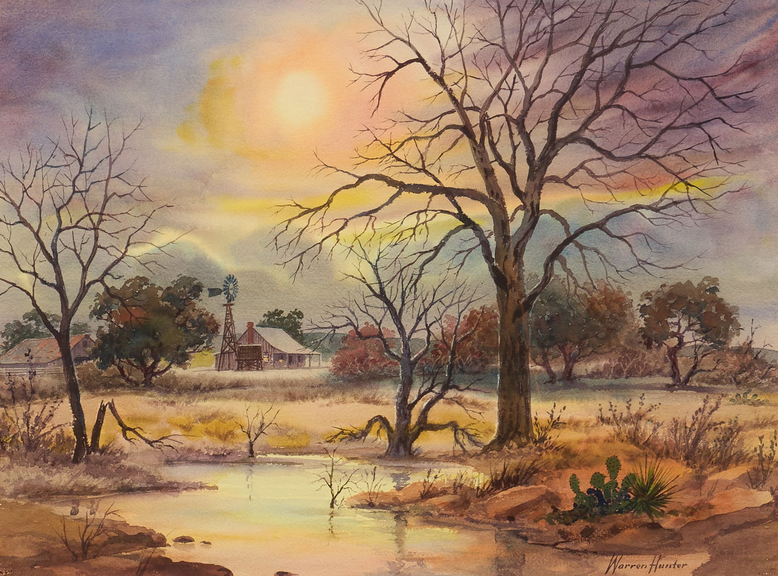 Warren Hunter, Texas Homestead with Pond: Warren Hunter (San Antonio, Texas, 1904-1993), Texas homestead with pond, watercolor on watercolor paper, signed lower right sight: 21 x 29 in., frame: 29 x 36 in. Provenance: Property from