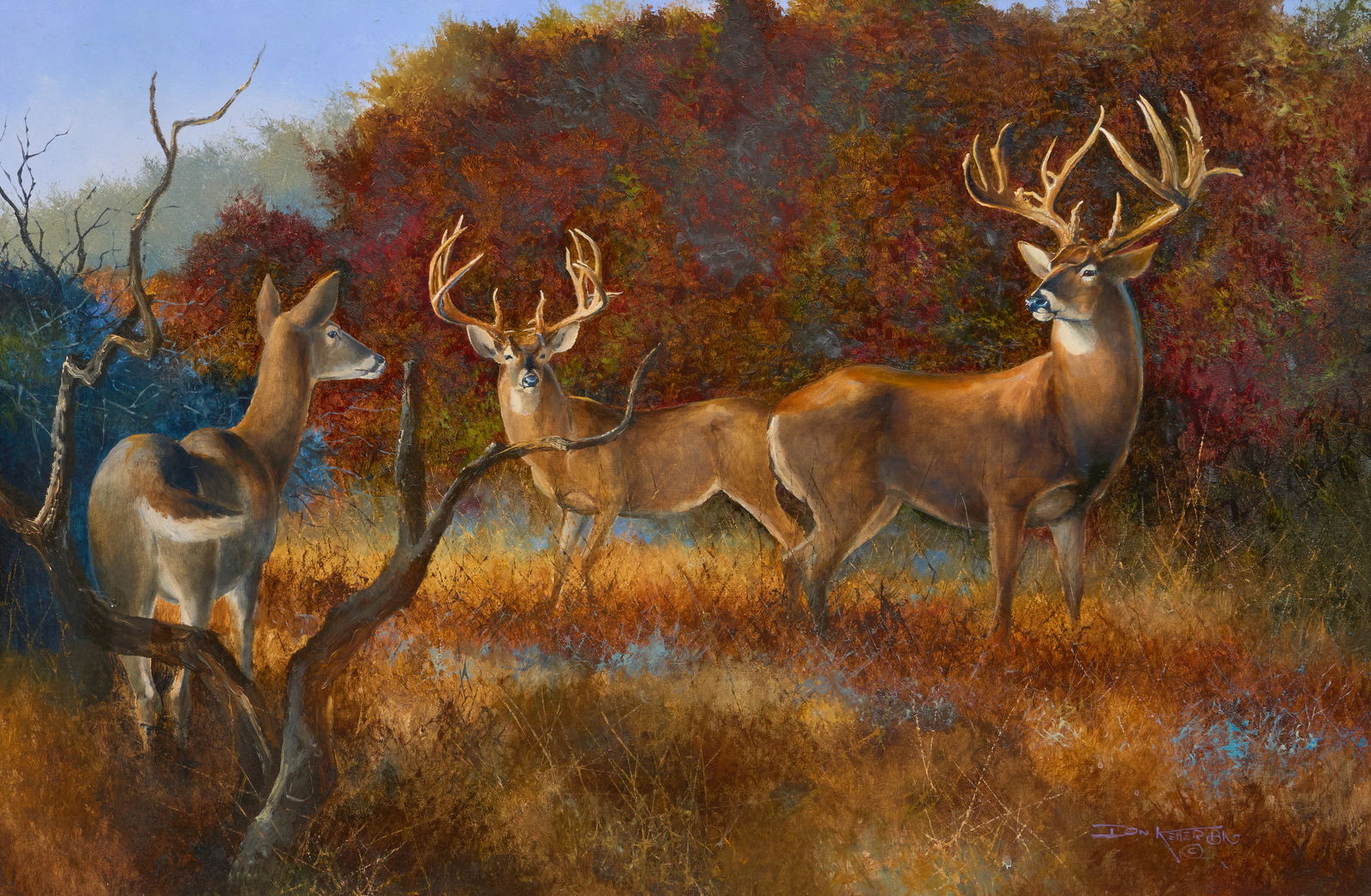 Don Keller, Whitetail Deer: Don Keller (Amer., 20th-21st C.), three whitetail deer in underbrush, oil on masonite, signed lower rightsight: 24 x 36 in., frame: 29 x 41 in.Provenance: Property from the estate of a prominent