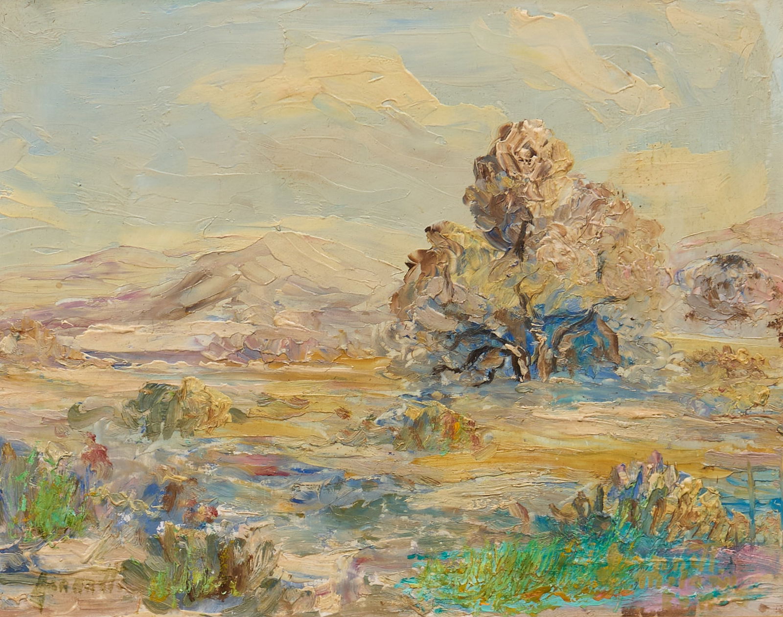 Jeannette Milam Jones, Texas Landscape: Jeannette Milam Jones (Texas, 1903-1989), West Texas landscape, oil on masonite, signed lower leftsight: 8 x 10 in., frame: 10 x 12 in.Provenance: Property from a home in San Antonio, Texas