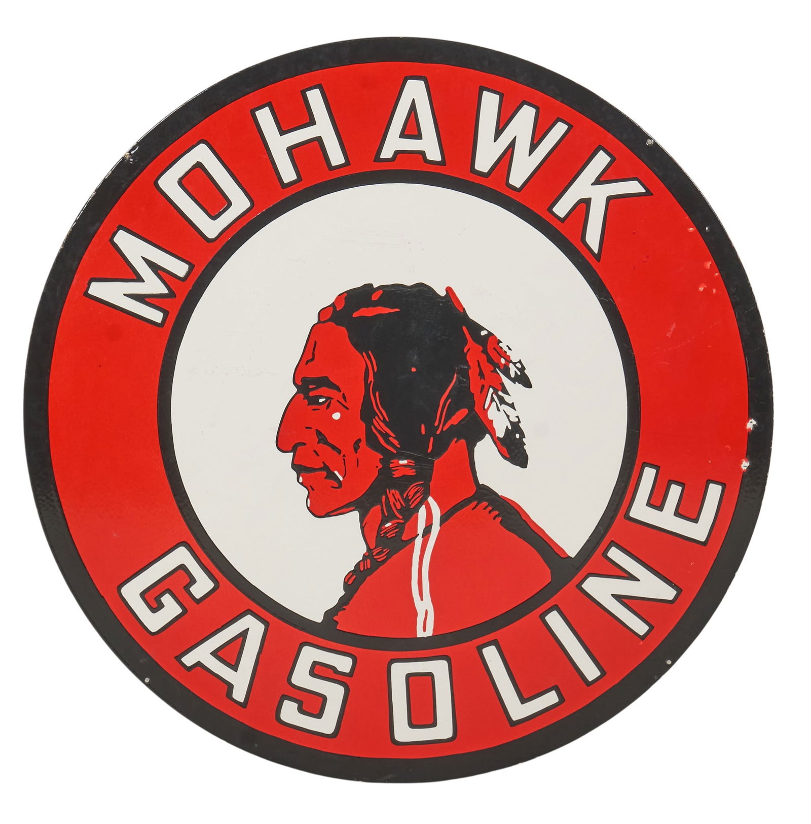 Mowhawk Gas Porcelain Sign: Reproduction Mohawk Gasoline sign with Native American graphic, double-sided porcelain on metaldiameter 42 in. Provenance: Property from a home in Azle, Texas