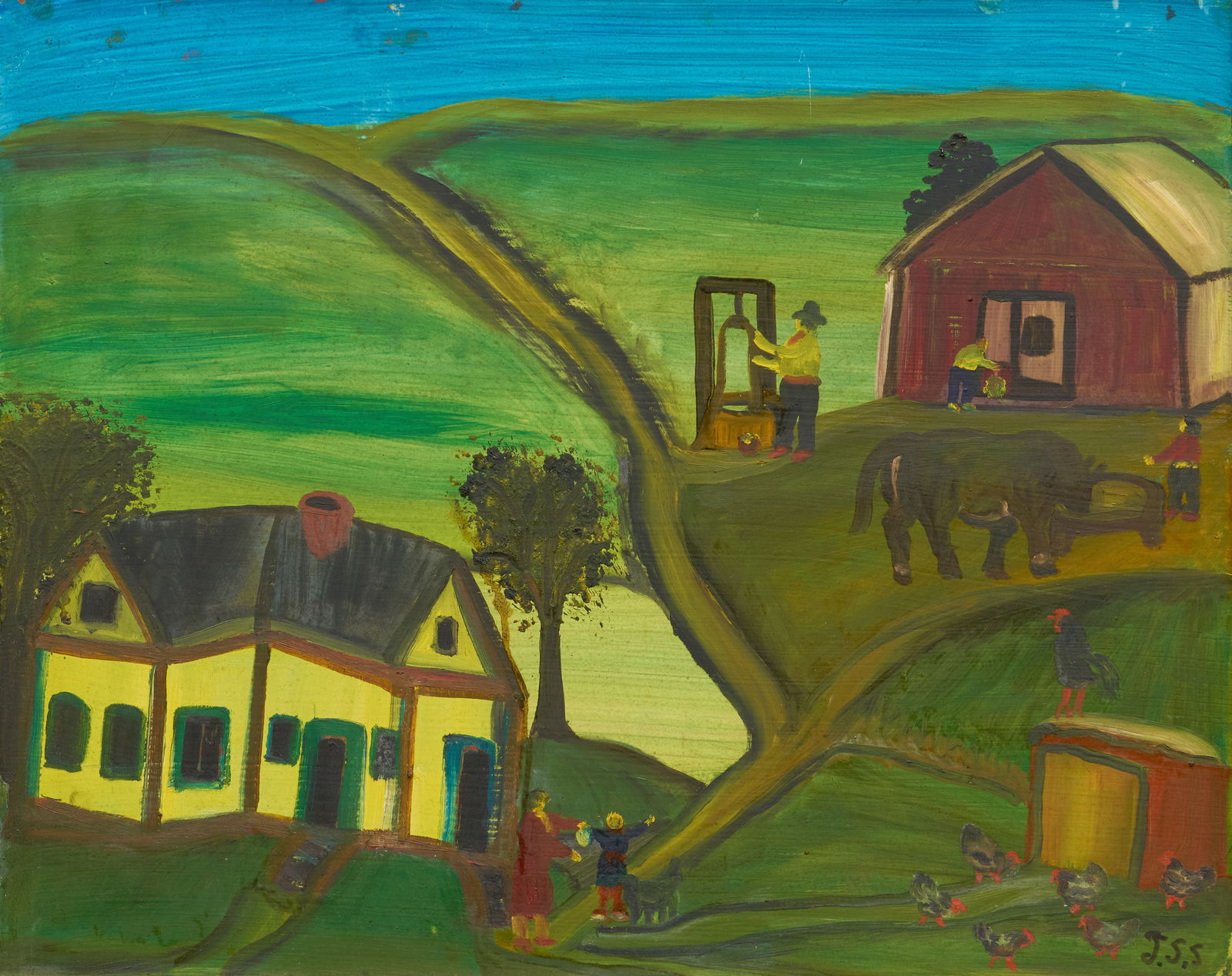 John Swearingen, Farmyard Scene, 1976: John "Johnnie" Swearingen (Texas, 1908-1993), farmyard scene, signed lower right, oil on masonite, inscribed on the verso with signature, date, and artist's address in