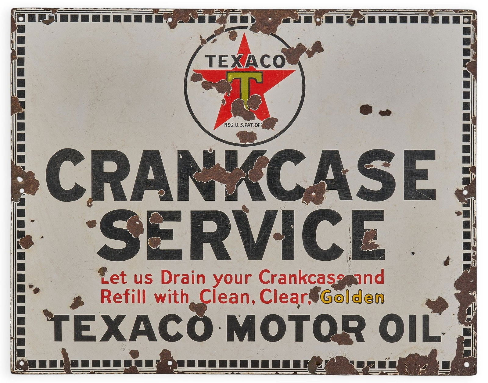 Texaco Crankcase Service Sign: Texaco crankcase service sign, single-sided enameled metal height 22 in. x width 28 in. Provenance: Property from a home in San Antonio, Texas