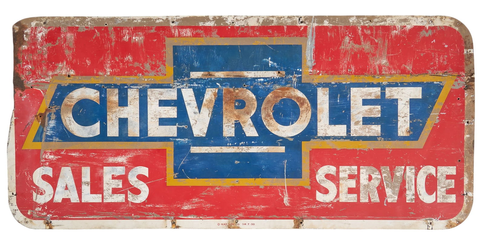 Chevrolet Metal Billboard Sign: Vintage Chevrolet Sales Service sign, double-sided painted metal, circa 20th century height 80 in. x width 36 in. Provenance: Property from a home in San Antonio, Texas