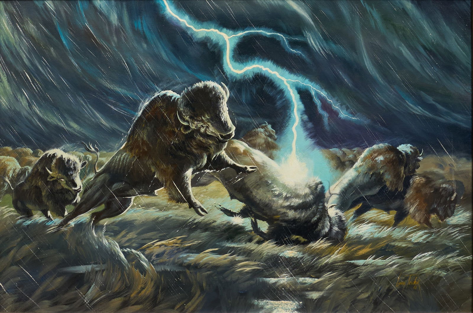 Larry Toschik, "Brimstone Cannonade": Larry Toschik(Arizona / Wisconsin, 1912-2012), "Brimstone Cannonade", oil on canvas, signed and dated lower right, 1968sight: 24 x 36 in., frame: 29 x 41 in.Provenance: Property from a