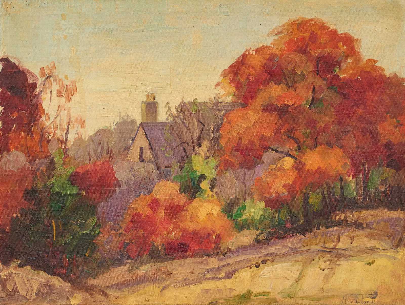 Arva Ford, Cottage in Fall: Arva Naugle Ford (Texas, 1890-1979), cottage seen through trees in fall, oil on panel, signed lower rightsight: 15 x 20 in., frame: 18.75 x 23.5 in.Provenance: Property from a home in