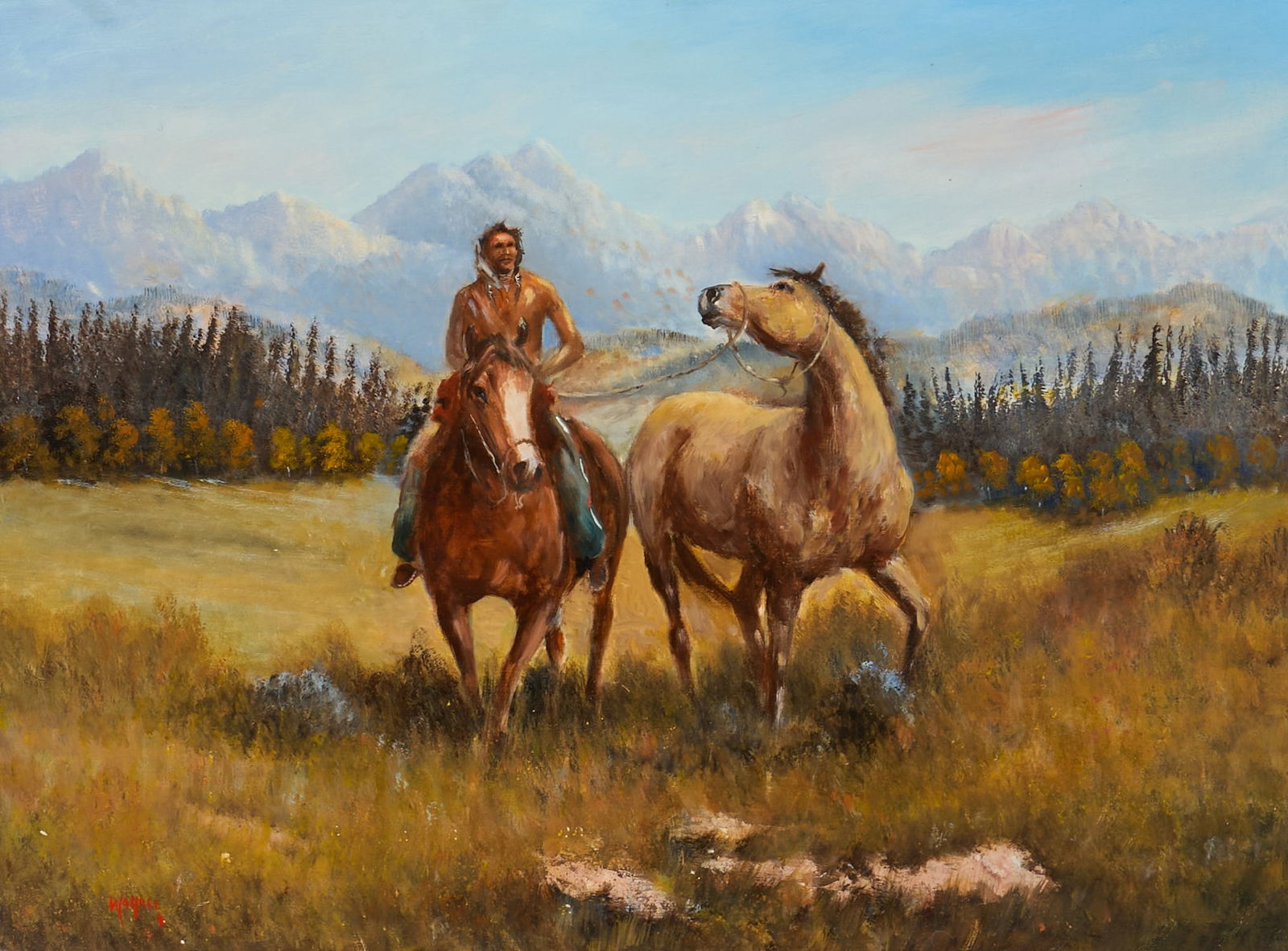 Henry Wallace, Man Leading Horse: Henry Wallace (Amer., 20th-21st C.), Western scene of mounted man leading a roped pony with distant mountains, oil on masonite, signed lower leftsight: 18 x 24 in., frame: 25.5 x