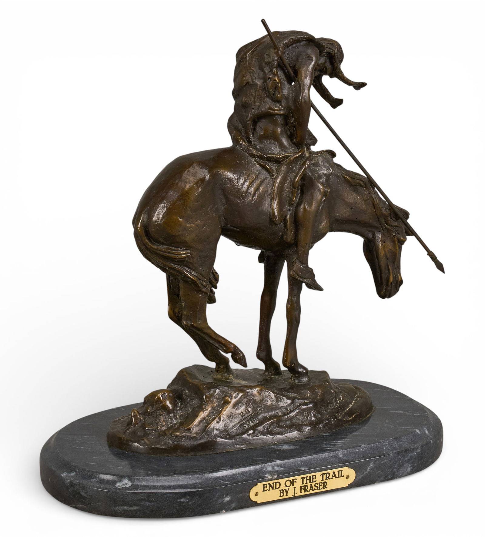 After J. E. Fraser, "End of the Trail": After James Earle Fraser (Amer., 1876-1953), "End of the Trail", bronze recast sculpture on stone base, incised signature, incised edition number, 28/100height 14 in. x width