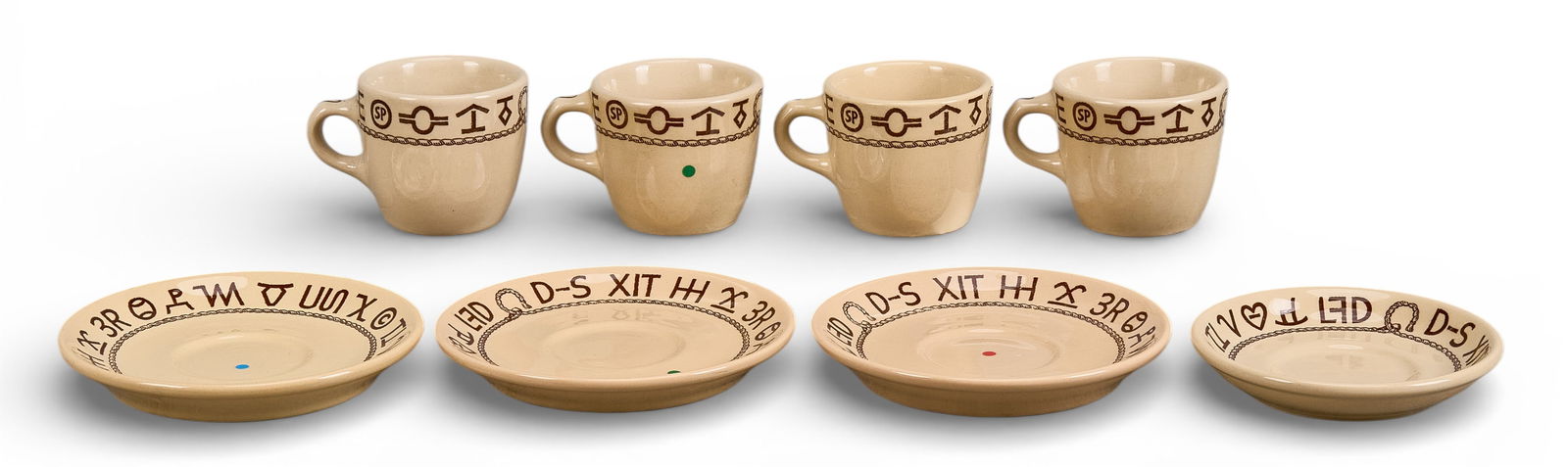 (4) Westword Ho Teacups with Saucers: Collection of four Wallace china teacups with saucers with Westword Ho pattern, marked on bottomsheight 3 in. x width 3.25 in. x depth 4.5 in. / each cupdiameter 5.25 in. x depth 1 in. / each