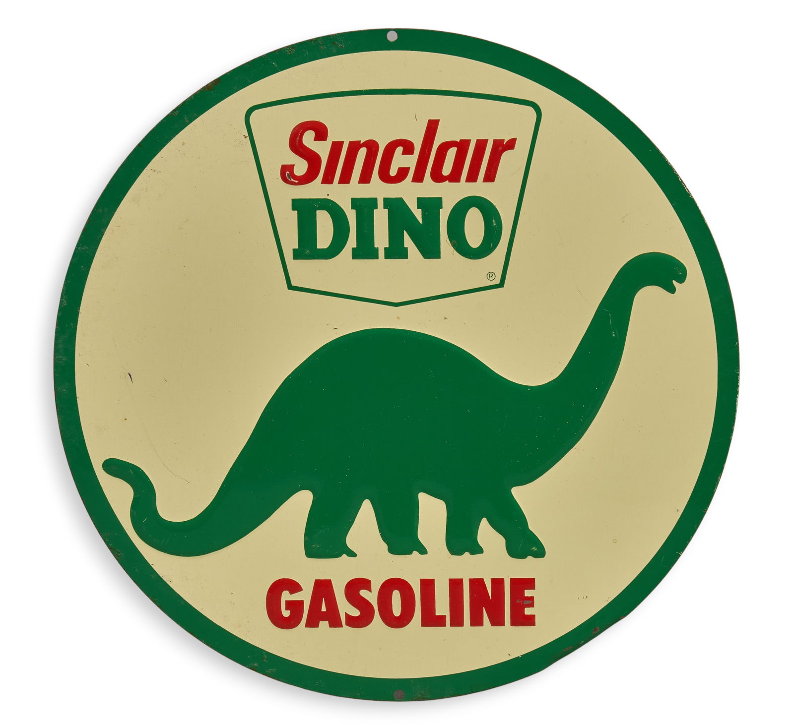 Sinclair Gasoline Sign: Single-sided painted metal reproduction advertising sign for Sinclair Gasoline, with raised letters and sauropod dinosaur graphicdiameter 10.75 in. Provenance: Property from a home in San