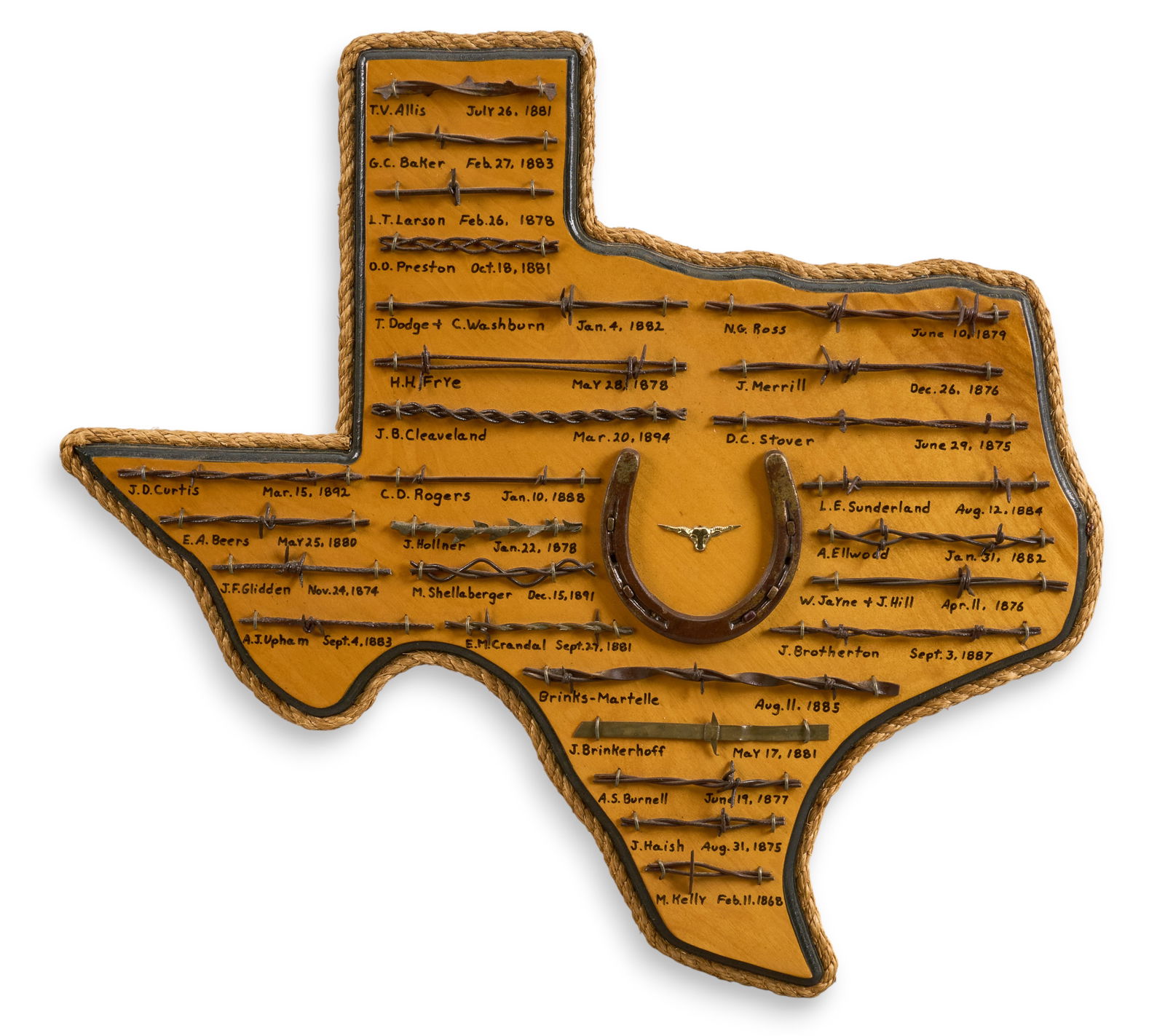 Texas Barbed Wire Display: Collection of various labeled barbed wire pattern examples mounted to wooden display in shape of Texas, with twisted rope along border height 24 in. x width 25 in. x depth 1 in. Provenance: Property f