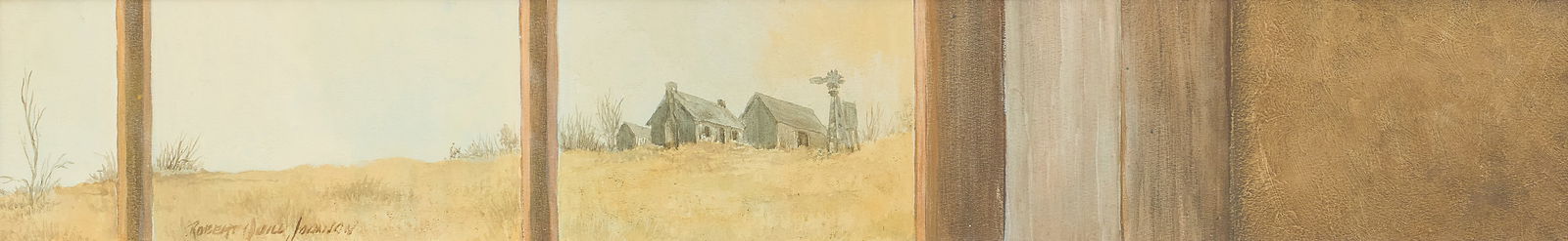 Robert Quill Johnson, Window View: Robert Quill Johnson (Texas, 1927-1980), view out a farmhouse window of distant structures and windmill, watercolor on watercolor paper, signed lower left sight: 14 x 21 in., frame: 22.5 x 29.5 i